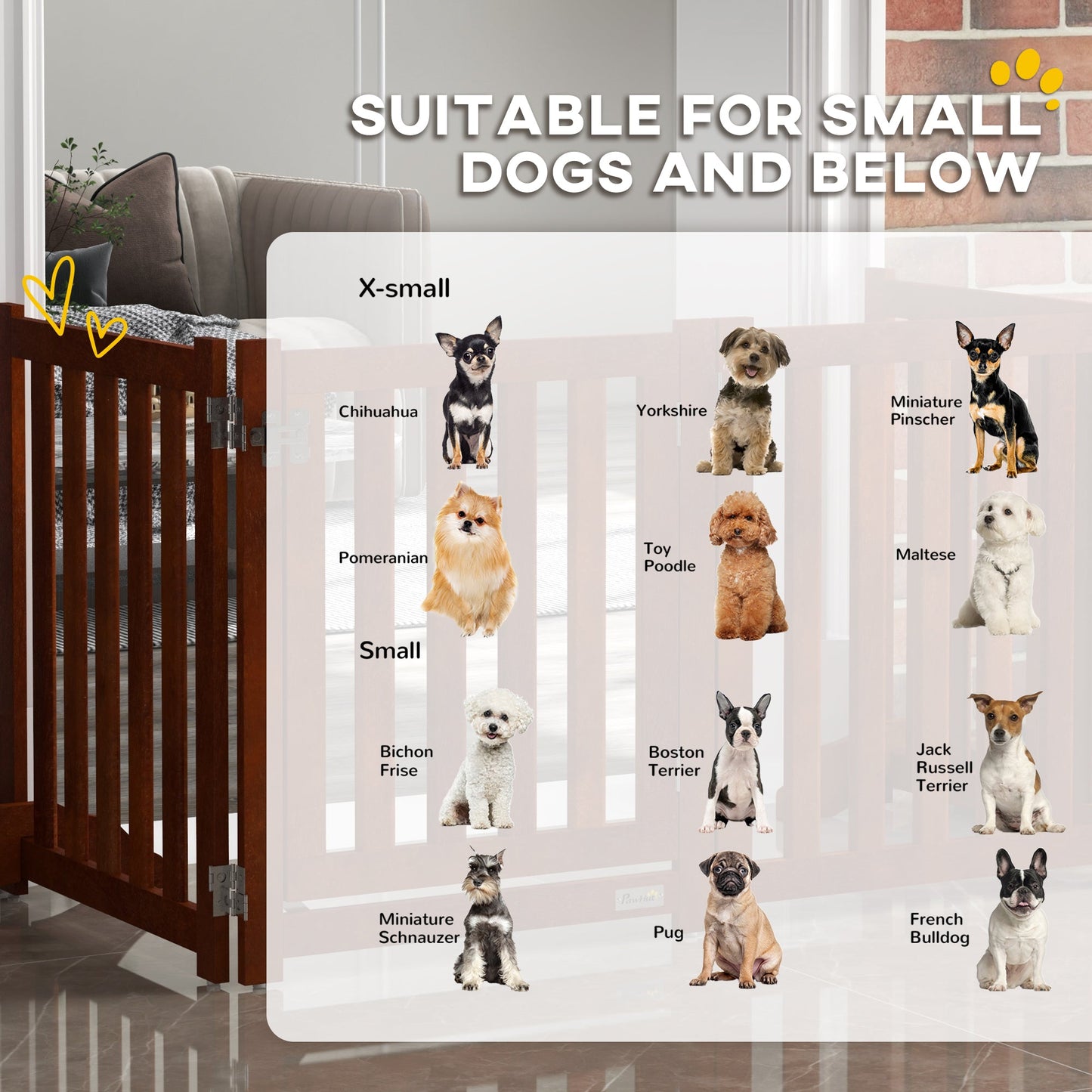 23.5"H Foldable Dog Gate with Door, 4 Panels Freestanding Pet Gate Barriers Indoor with Support Feet, Puppy Fence for Small Dogs, Brown