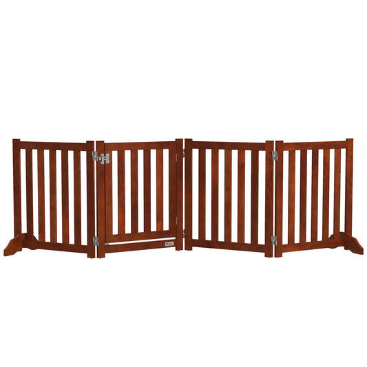 23.5"H Foldable Dog Gate with Door, 4 Panels Freestanding Pet Gate Barriers Indoor with Support Feet, Puppy Fence for Small Dogs, Brown
