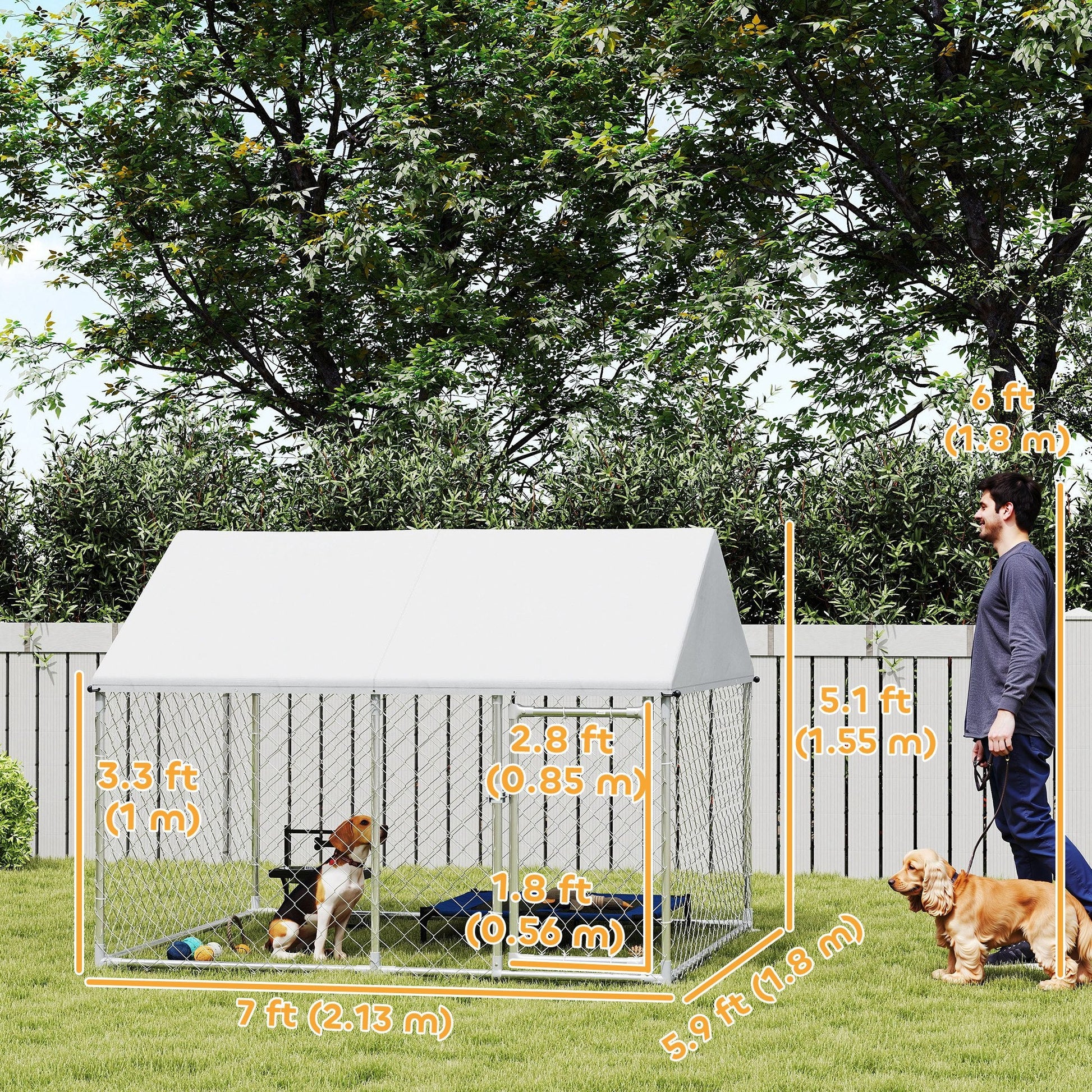 Outdoor Dog Kennel with Roof, Heavy Duty Galvanized Steel Dog Run Chain Link w/ Waterproof UV-Resistant Cover, Safety Lockable Latch System, 2.1' x 1.8' x 1.6'
