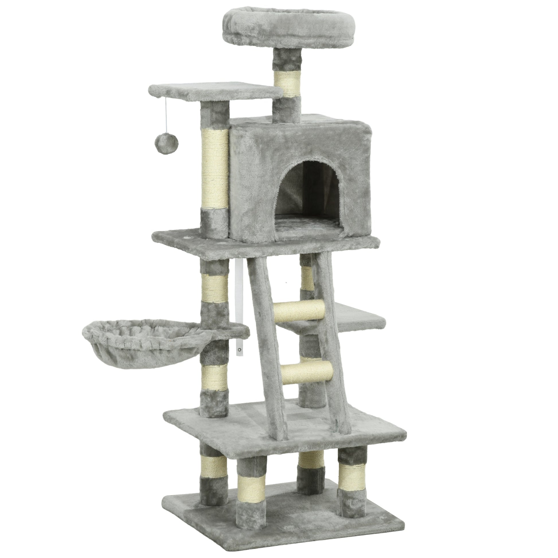 Cat Tree, Cat Tower for Indoor Cats with Sisal Scratching Post, Cat Condo, Hammock, Bed, Ladder, Platforms, Toy Balls for Kittens, Light Grey