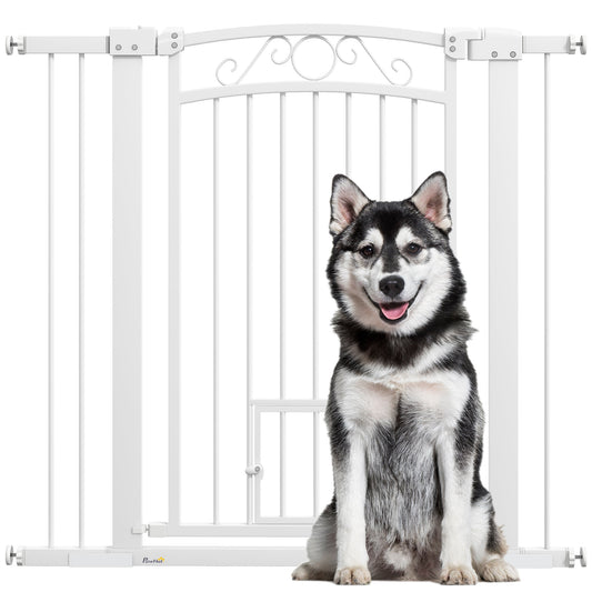 Dog Gate, Walk Through Pet Gate with Small Pet Door, Auto Close, for Doorways, House, Stair, 2 Extension Kits, Pressure Mount Kit, 30"-41" W x 38" H