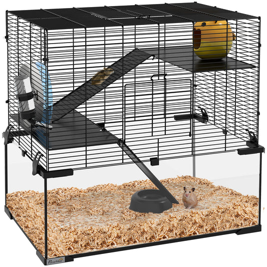 Hamster Cage, Gerbil Cage with Glass Basin, Ramps, Platforms, Hut, Exercise Wheel, Water Bottle, Dish, for Syrian and Dwarf Hamsters, 24" x 16" x 21.5"
