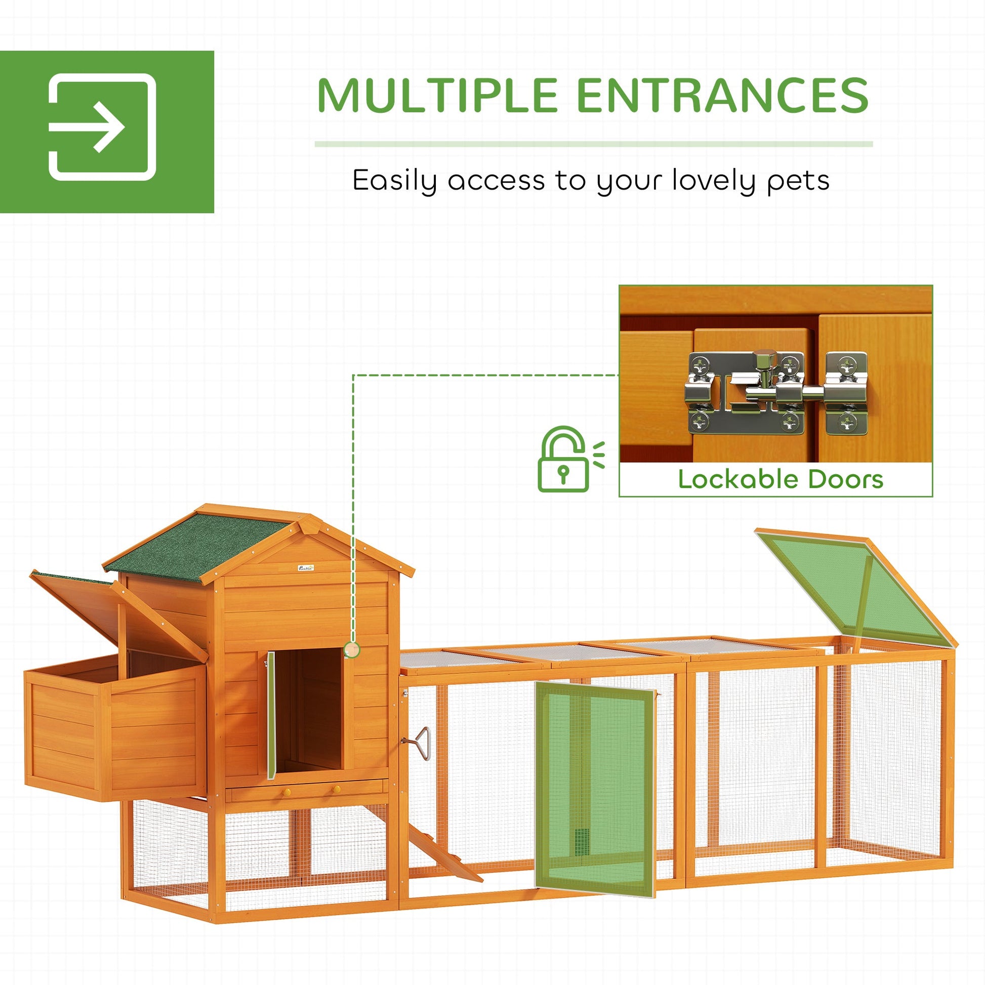 117" Extra Large Chicken Coop with Asphalt Roof, Wooden Hen House with Slide-out Tray, Quail Hutch with Nesting Box, Orange