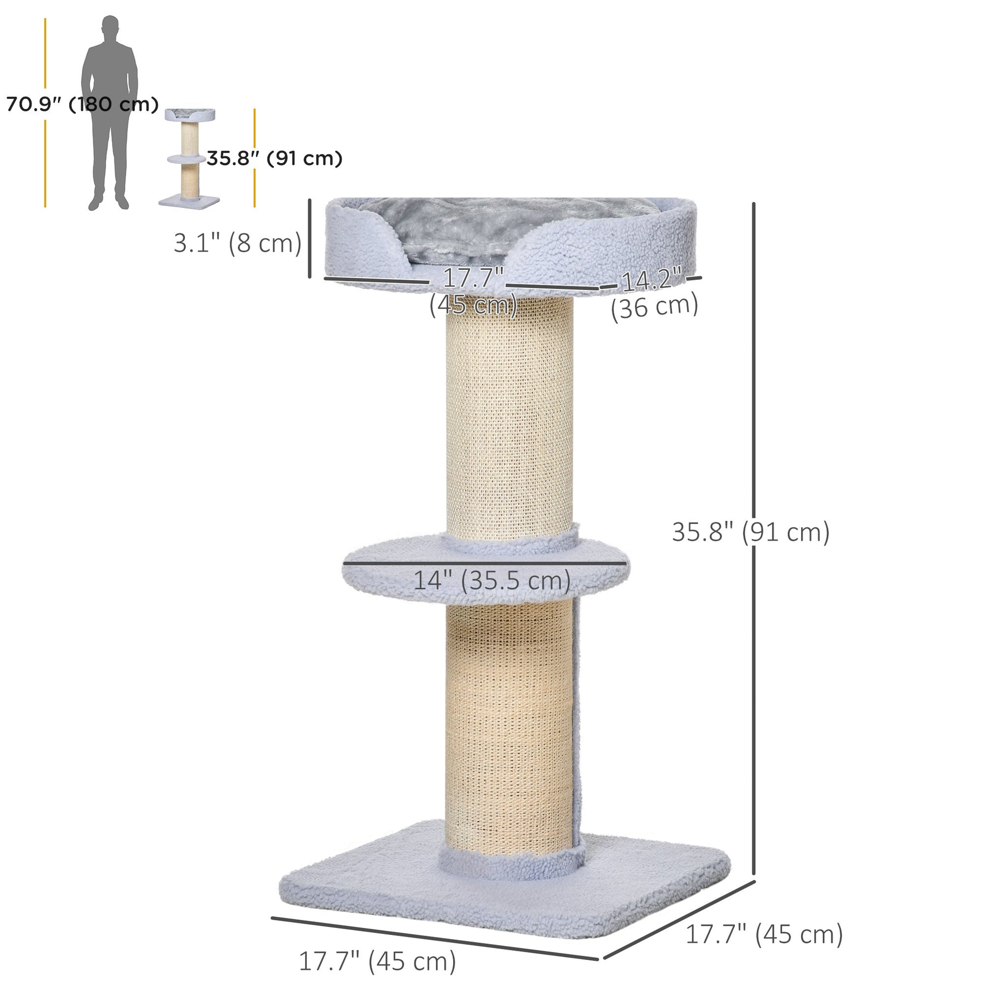 36"H Large Cat Scratching Post for Indoor Cats, Bold Cat Tree Multi-Level Kitty Tower with Sisal Mat Scratch Rope, Cat Bed, Removable Cushion, Perch, Light Blue
