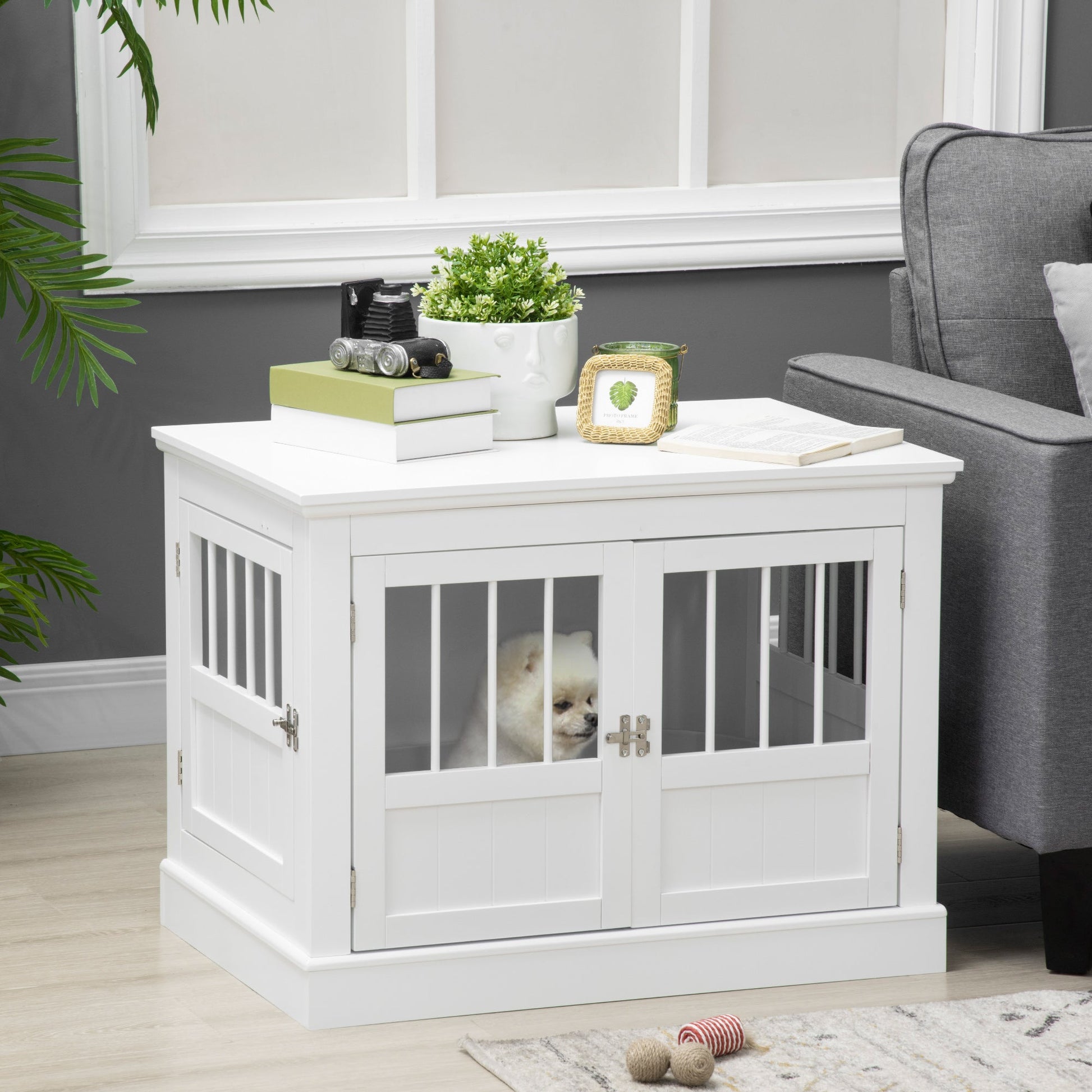 Dog Crate Furniture, 31" Dog Kennel Side End Table with Three Doors, Indoor Dog Cage for Small Dogs, White