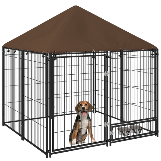 Large Dog Run, 4.6' x 4.6' x 5' Outdoor Dog Kennel with Canopy, Rotating Bowls, Door for Backyard & Garden, Coffee