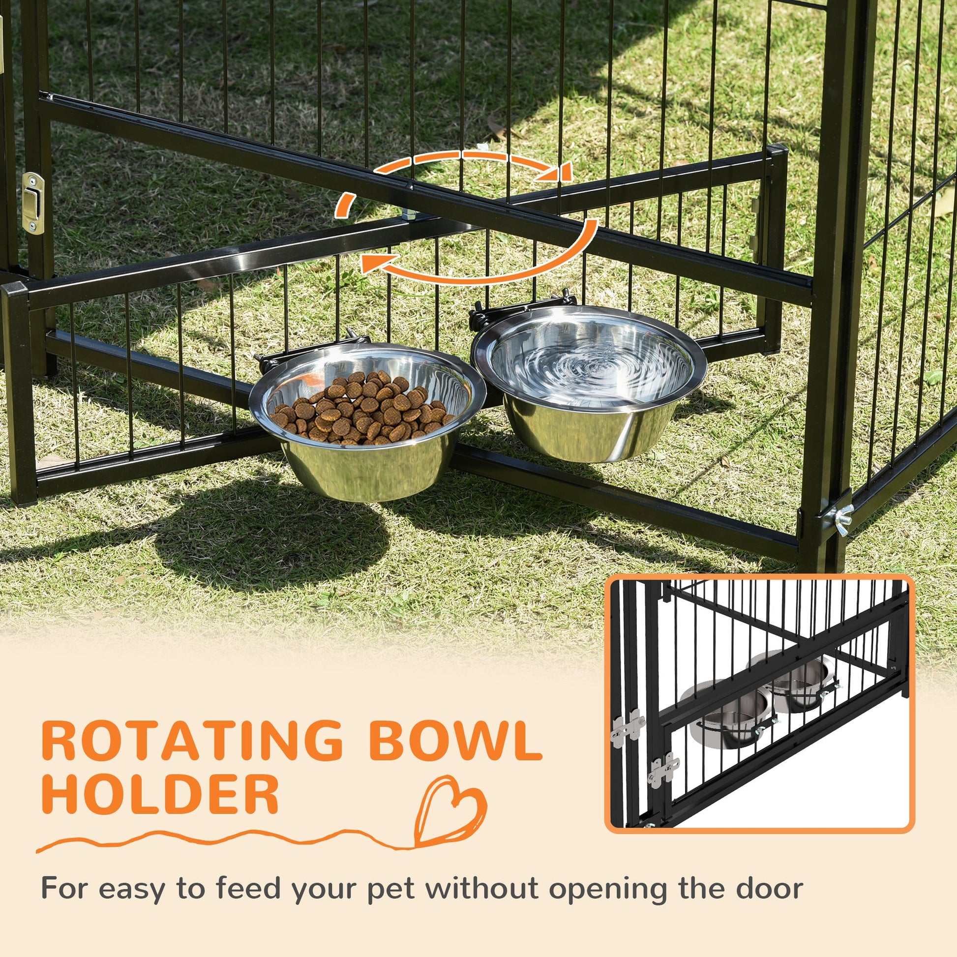 Large Dog Run, 4.6' x 4.6' x 5' Outdoor Dog Kennel with Canopy, Rotating Bowls, Door for Backyard & Garden, Coffee