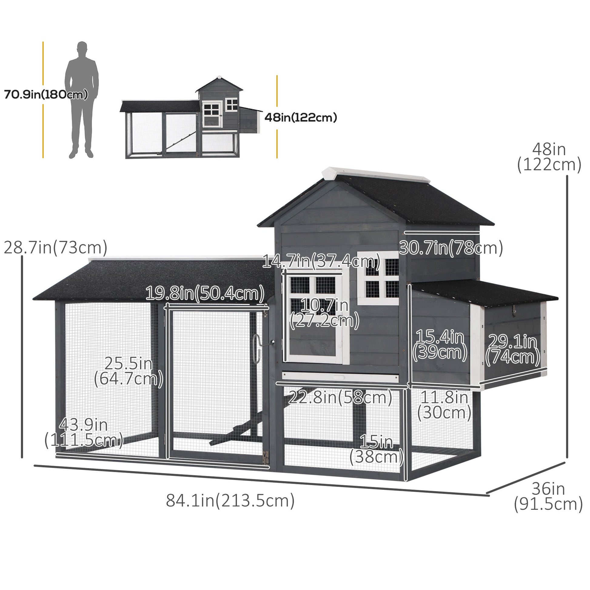 84" Chicken Coop Wooden Hen House Rabbit Hutch Poultry Cage Pen Outdoor Backyard with Nesting Box and Run, Grey