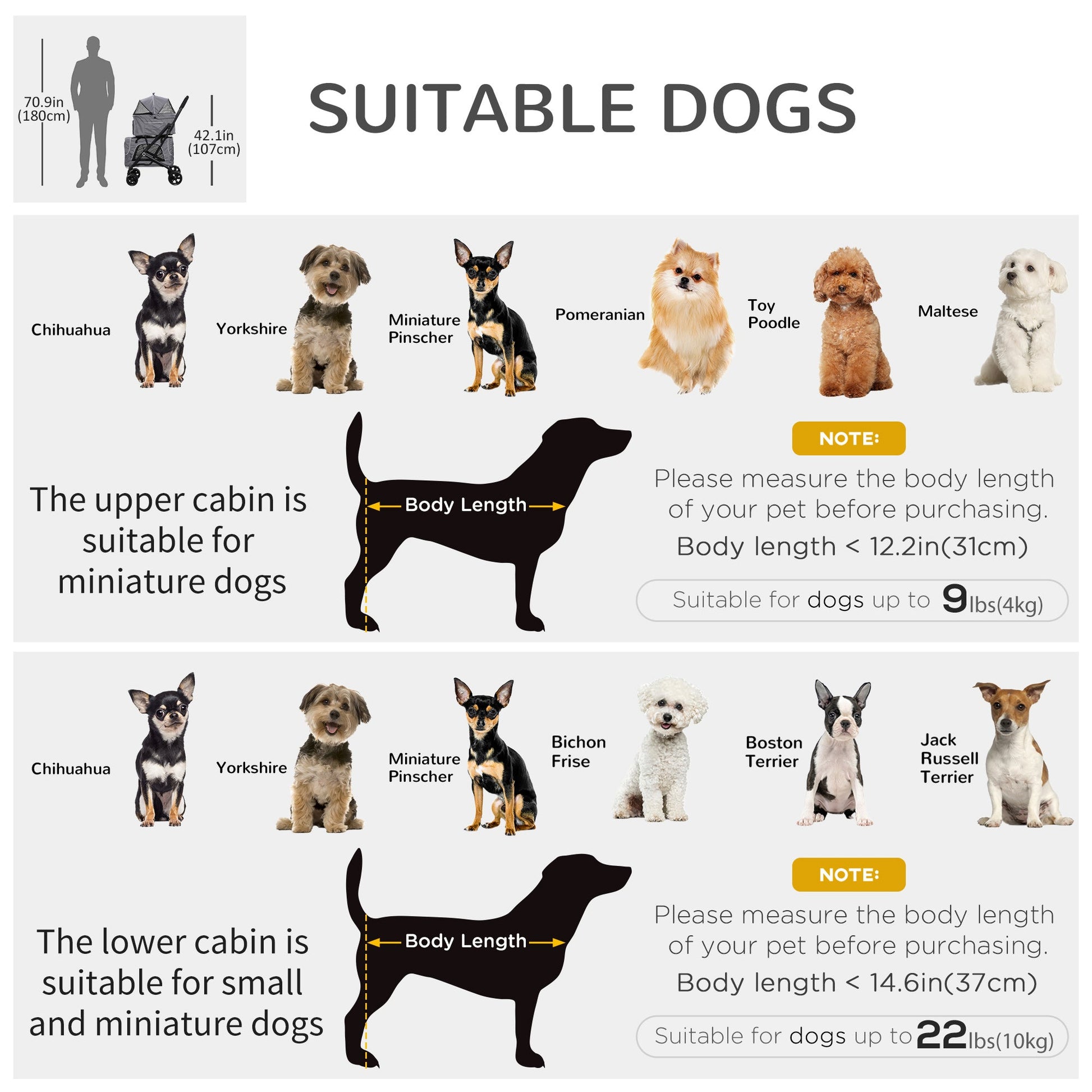 3-in-1 Double Pet Stroller for Small Miniature Dogs Cats with Removable Carrier, Foldable Travel Carrier Bag, Car Seat, Grey
