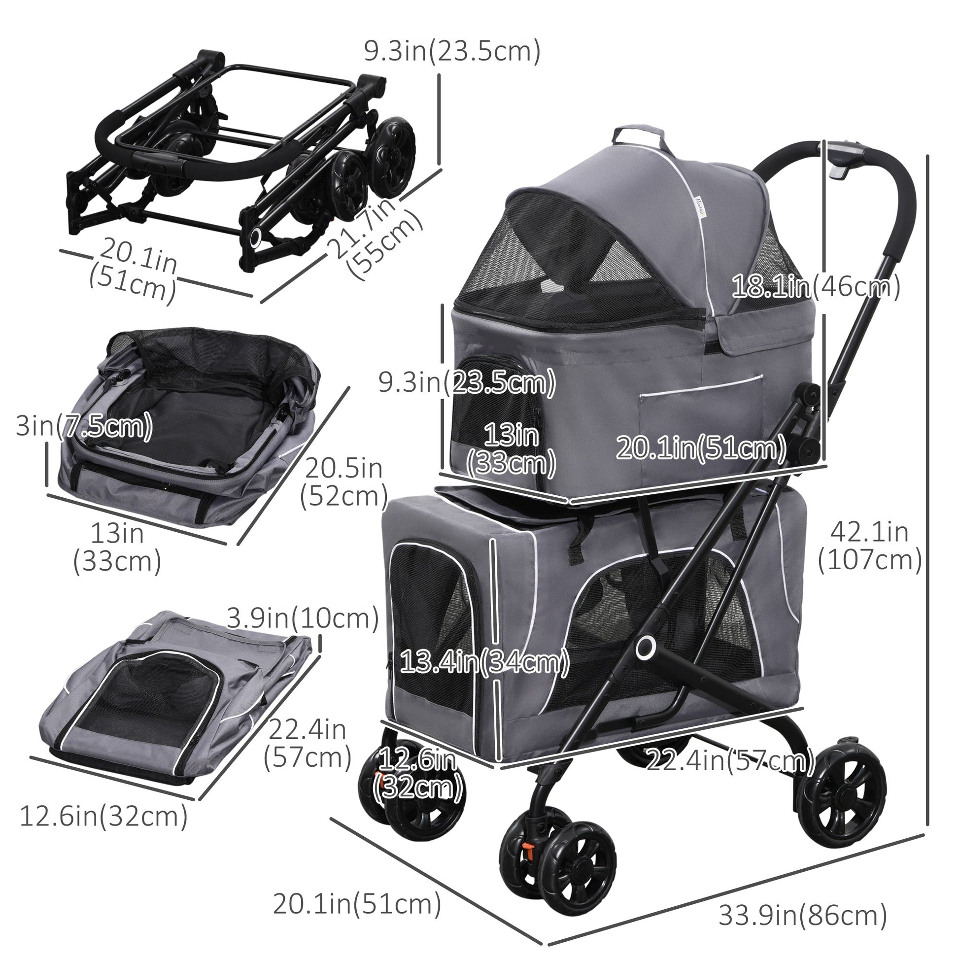 3-in-1 Double Pet Stroller for Small Miniature Dogs Cats with Removable Carrier, Foldable Travel Carrier Bag, Car Seat, Grey