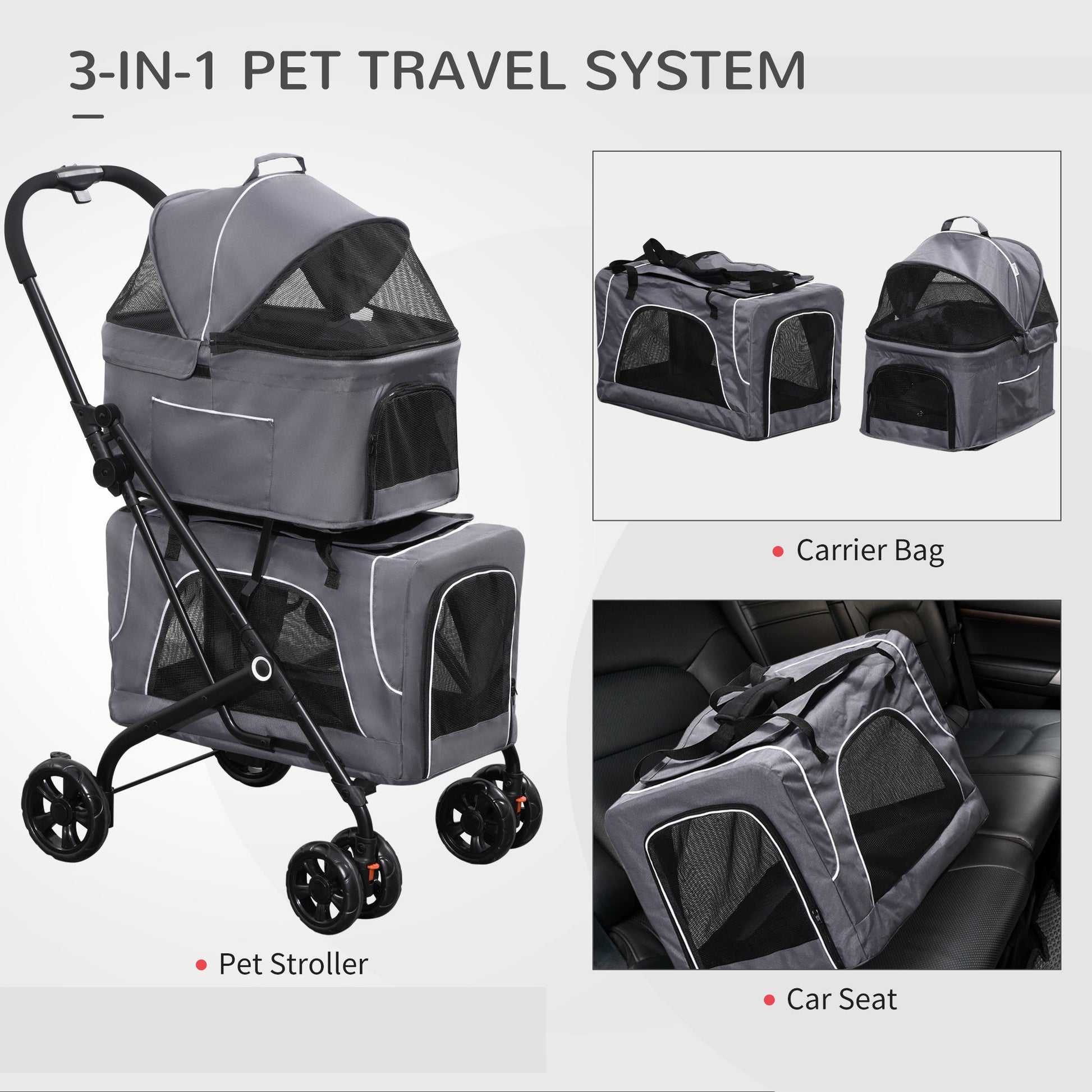 3-in-1 Double Pet Stroller for Small Miniature Dogs Cats with Removable Carrier, Foldable Travel Carrier Bag, Car Seat, Grey