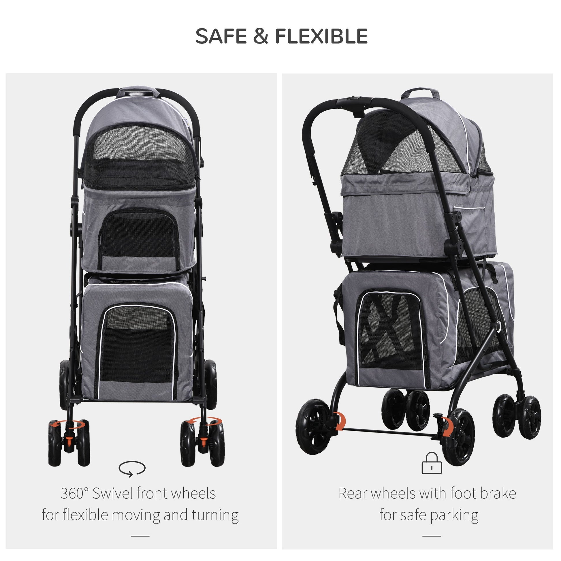 3-in-1 Double Pet Stroller for Small Miniature Dogs Cats with Removable Carrier, Foldable Travel Carrier Bag, Car Seat, Grey