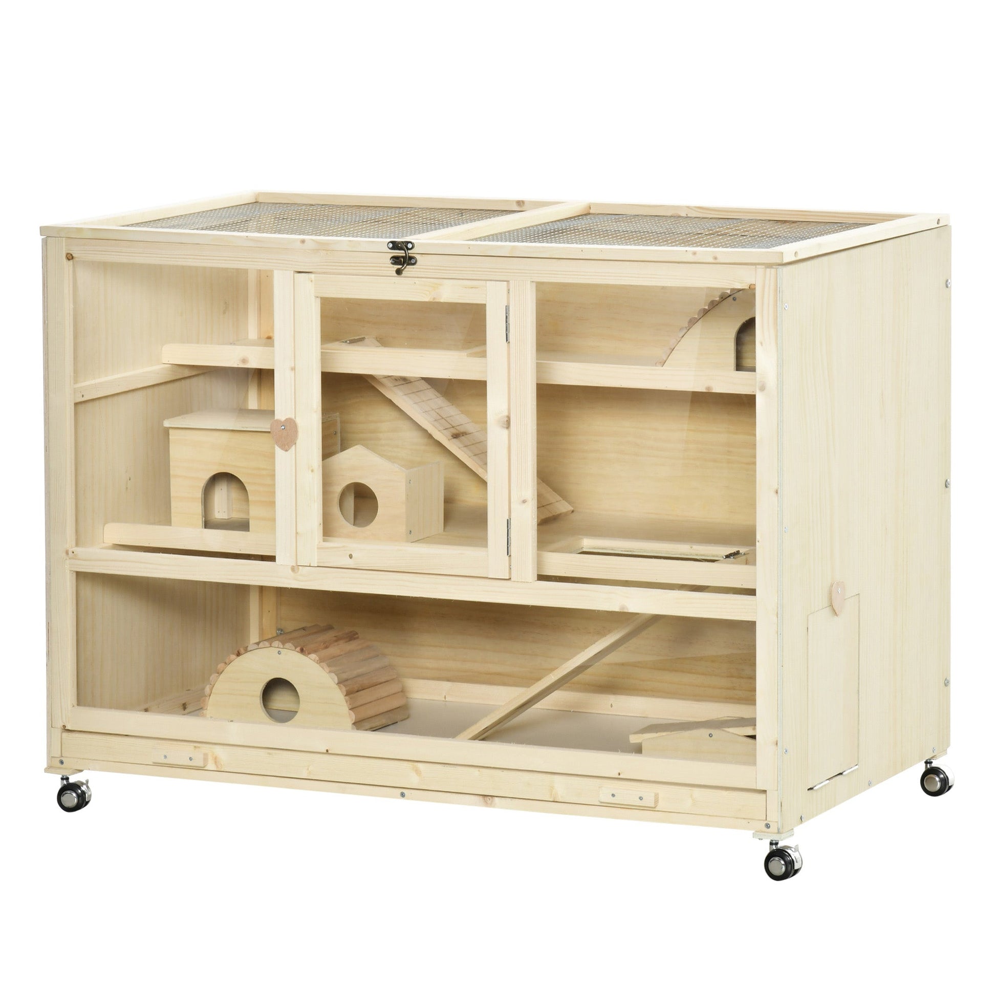 Wooden Hamster Cage, 3 Tier Rat Cage with Openable Roof, Run, Ladders, Wheels, Tray, for Hamsters, Rats, Syrian, Small Animals Exercise Play House, Natural Wood