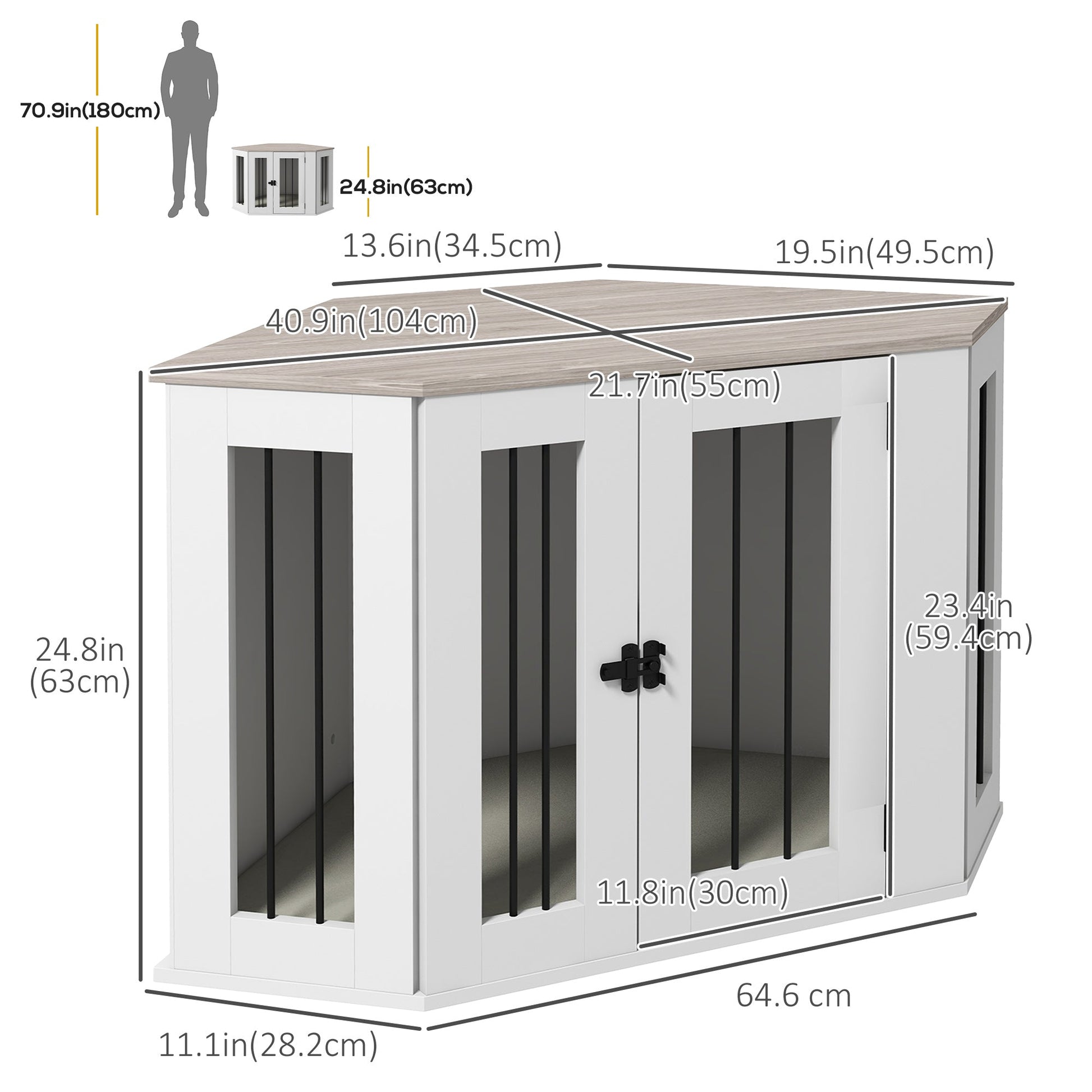 41" Dog Crate Furniture, Corner Dog Crate End Table for Medium and Small Dogs, Indoor Dog Cage with Cushion, Door, Lock, White