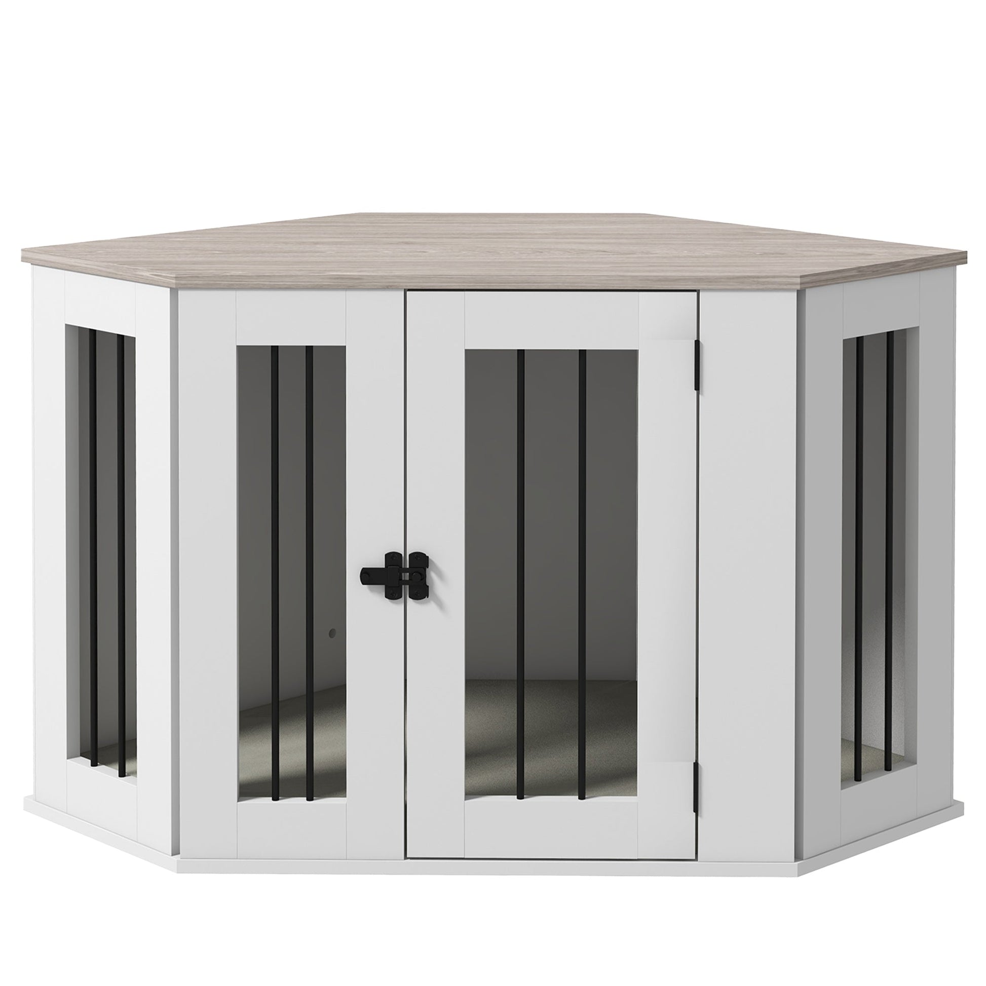 41" Dog Crate Furniture, Corner Dog Crate End Table for Medium and Small Dogs, Indoor Dog Cage with Cushion, Door, Lock, White