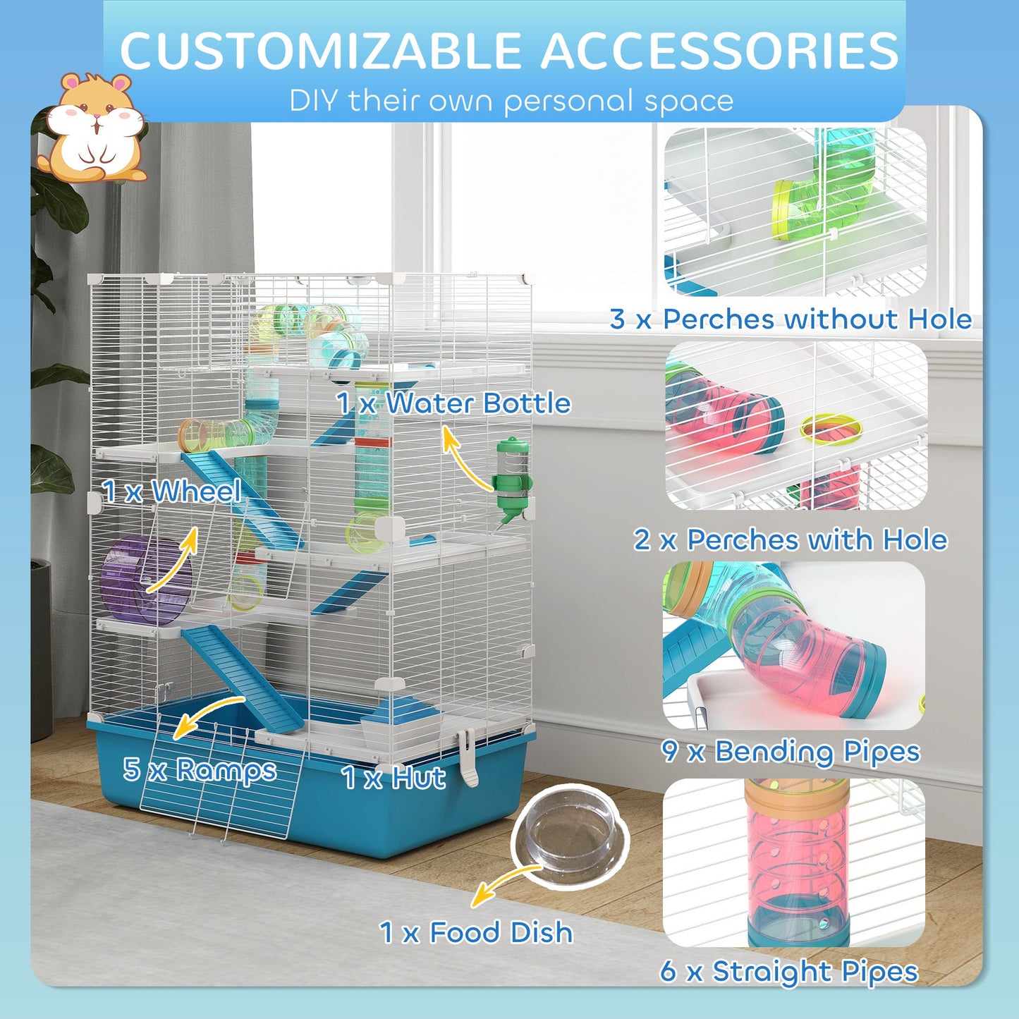 32" Hamster Cage, 6 Tier Small Animal Cage with Tunnels and Tubes, DIY Design Gerbil Cage with Hut, Wheel, Food Dish, Water Bottle, Ramps, for Dwarf & Gerbil, Light Blue