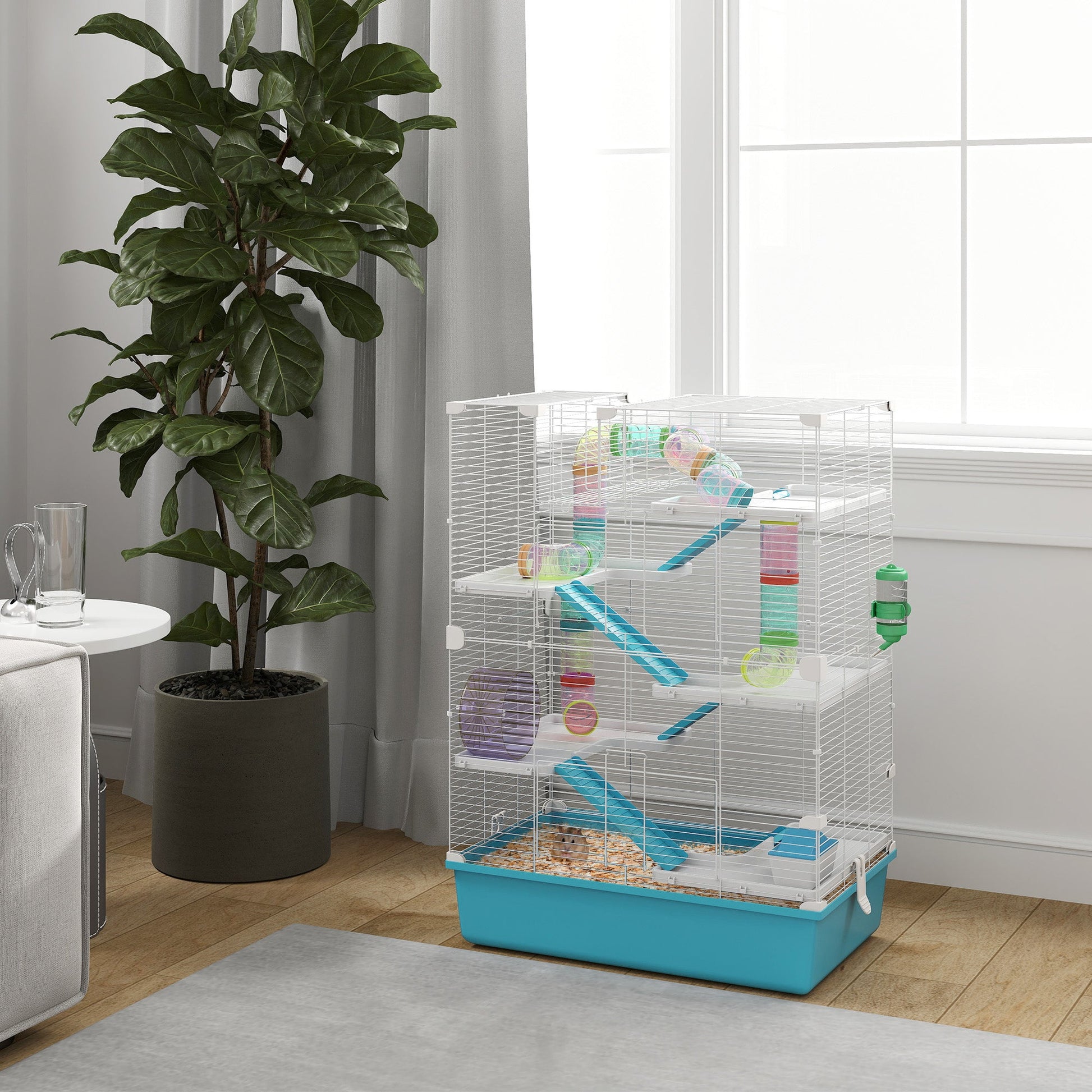32" Hamster Cage, 6 Tier Small Animal Cage with Tunnels and Tubes, DIY Design Gerbil Cage with Hut, Wheel, Food Dish, Water Bottle, Ramps, for Dwarf & Gerbil, Light Blue