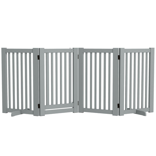 30"H Foldable Dog Gate with Door, 4 Panels Freestanding Pet Gate Barriers Indoor with Support Feet, Puppy Fence for Dogs, Light Grey