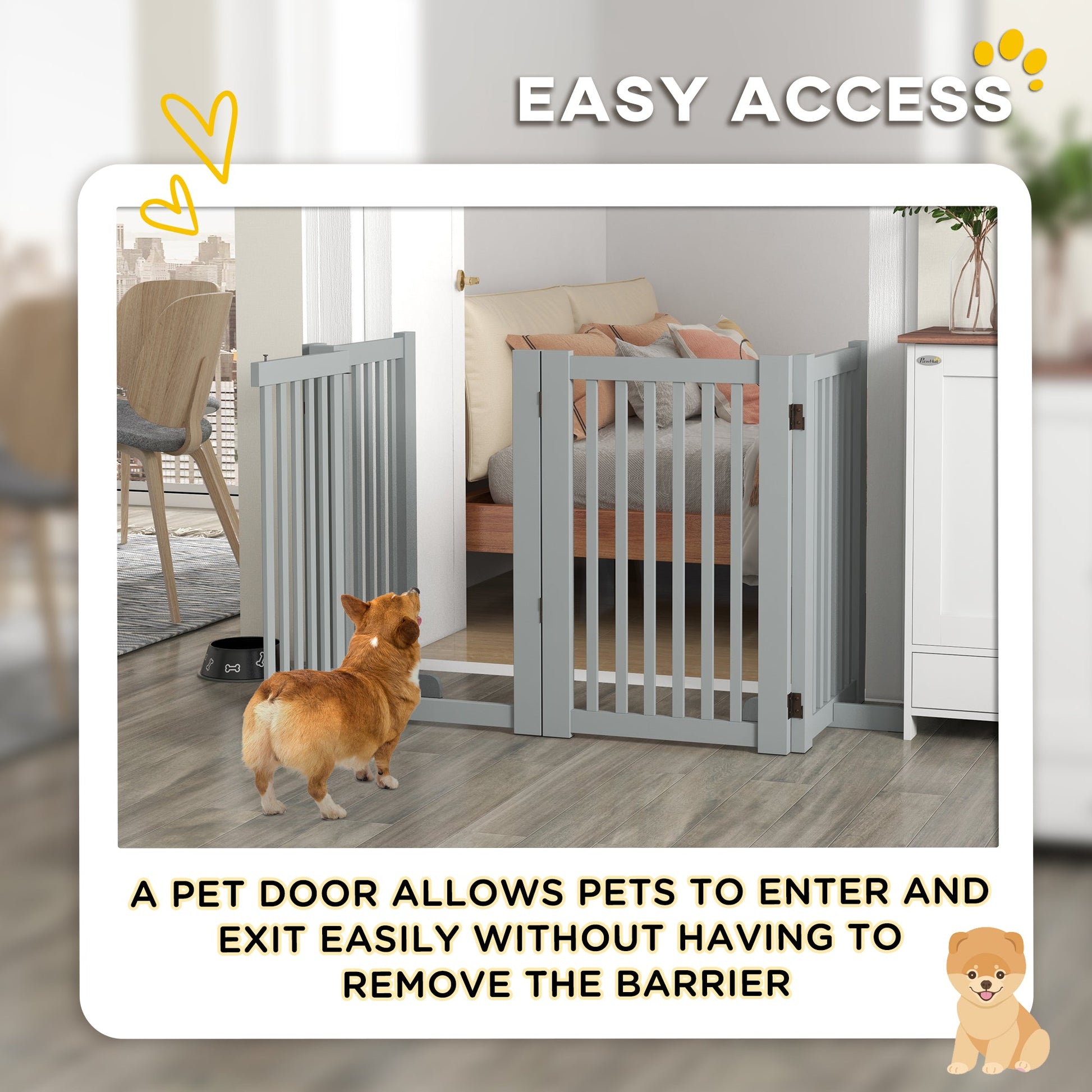 30"H Foldable Dog Gate with Door, 4 Panels Freestanding Pet Gate Barriers Indoor with Support Feet, Puppy Fence for Dogs, Light Grey