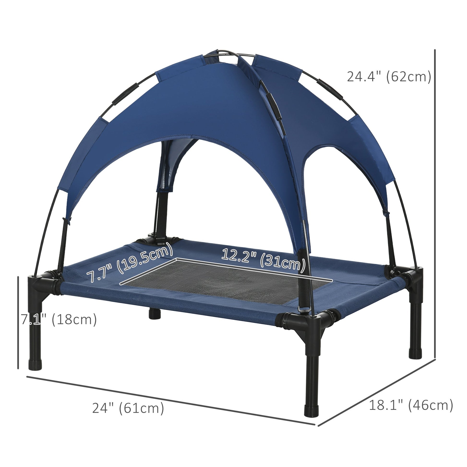 Elevated Dog Bed with Canopy, Portable Raised Dog Cot for S Sized Dogs, Indoor & Outdoor, 25" x 18" x 24", Dark Blue