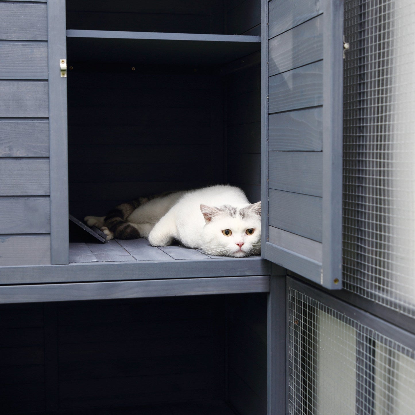 Large Catio Outdoor Cat Enclosure Weatherproof Cat House with Cat Condo, Indoor Wooden Cat Cage Pet Kennel, 77"L x 37"W x 69"H, Grey