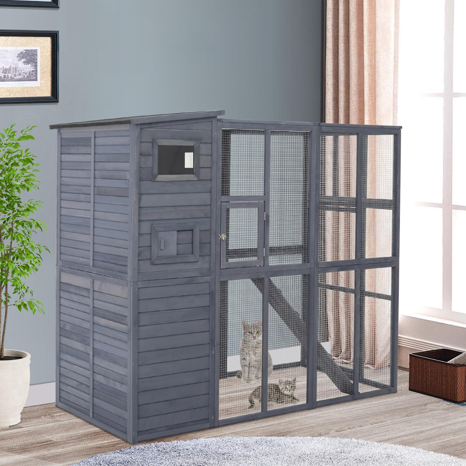 Large Catio Outdoor Cat Enclosure Weatherproof Cat House with Cat Condo, Indoor Wooden Cat Cage Pet Kennel, 77"L x 37"W x 69"H, Grey