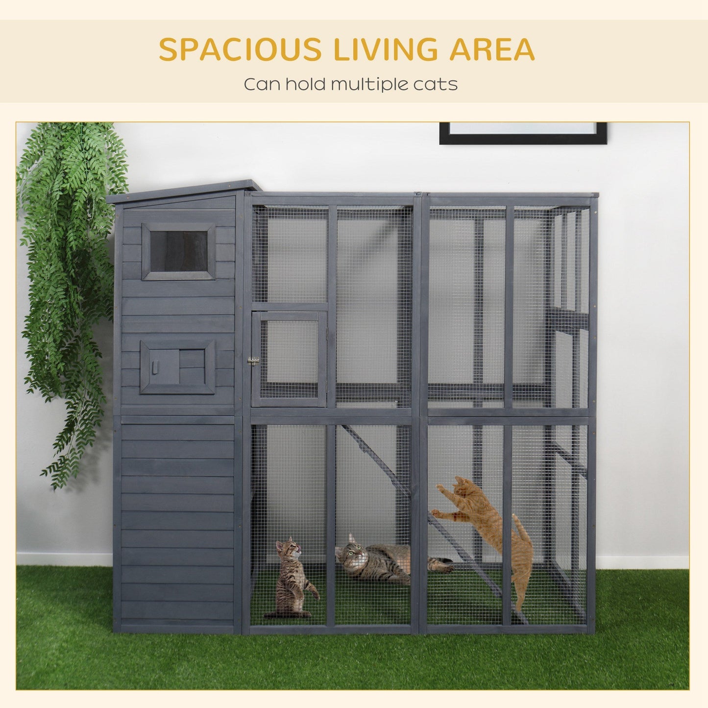 Large Catio Outdoor Cat Enclosure Weatherproof Cat House with Cat Condo, Indoor Wooden Cat Cage Pet Kennel, 77"L x 37"W x 69"H, Grey