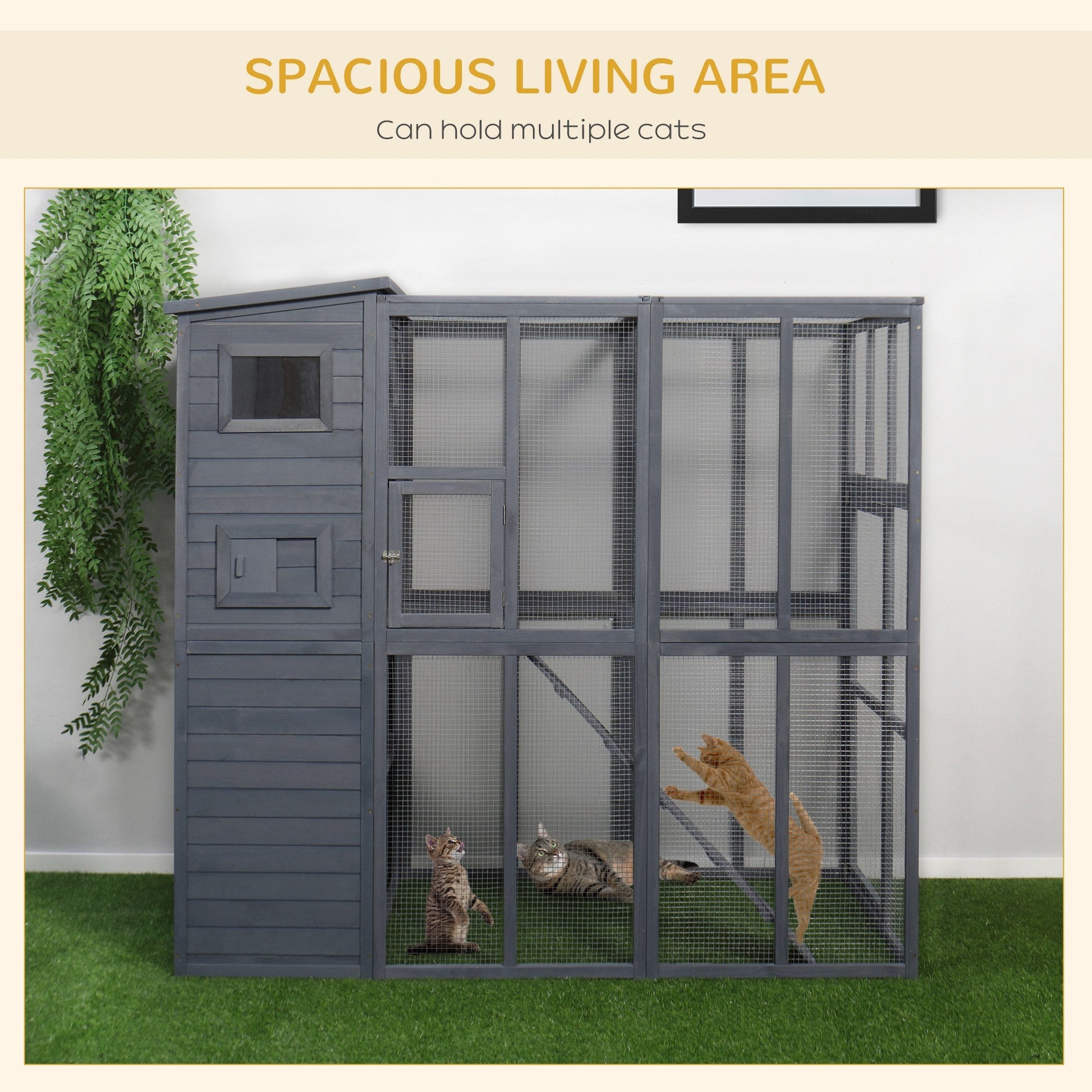 Large Catio Outdoor Cat Enclosure Weatherproof Cat House with Cat Condo, Indoor Wooden Cat Cage Pet Kennel, 77"L x 37"W x 69"H, Grey