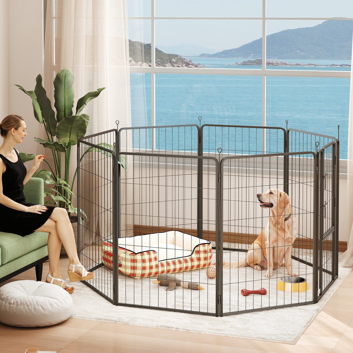 8 Panels Dog Playpen, 27"W x 39.5"H Heavy Duty Pet Fence with Door & Strap for Indoor Outdoor Backyard Garden, Portable & Foldable Puppy Pet Pen for Large Dogs