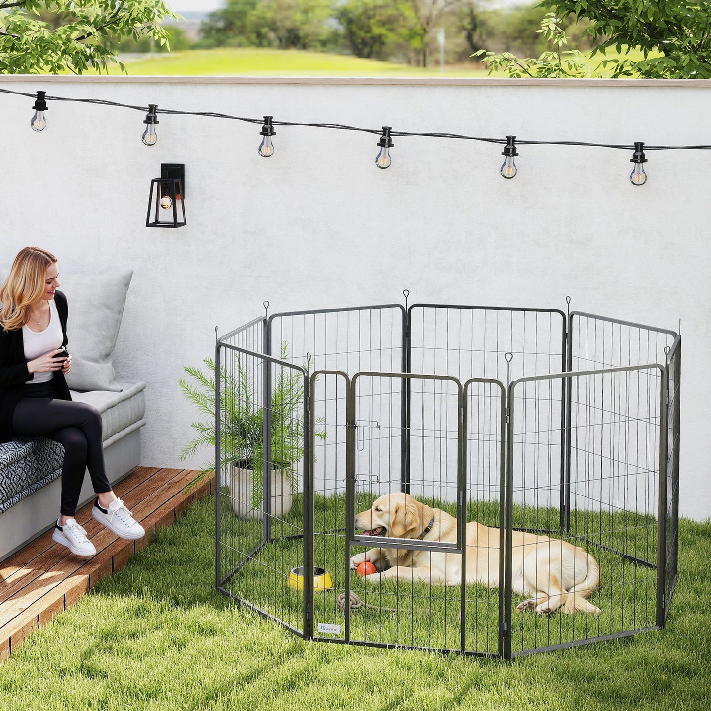 8 Panels Dog Playpen, 27"W x 39.5"H Heavy Duty Pet Fence with Door & Strap for Indoor Outdoor Backyard Garden, Portable & Foldable Puppy Pet Pen for Large Dogs