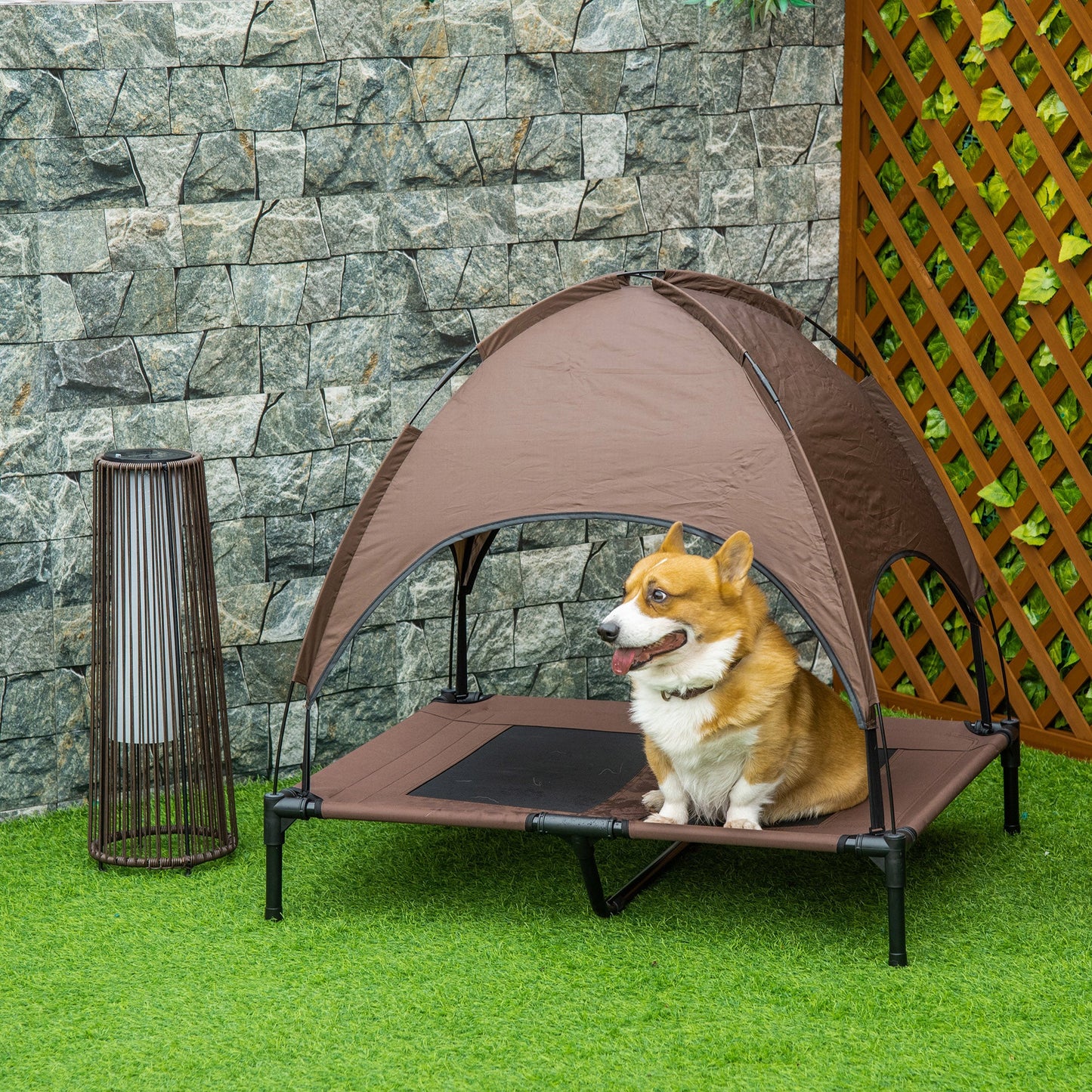 Elevated Dog Bed with Canopy, Portable Raised Dog Cot for L Sized Dogs, Indoor & Outdoor, 36" x 30" x 35", Coffee