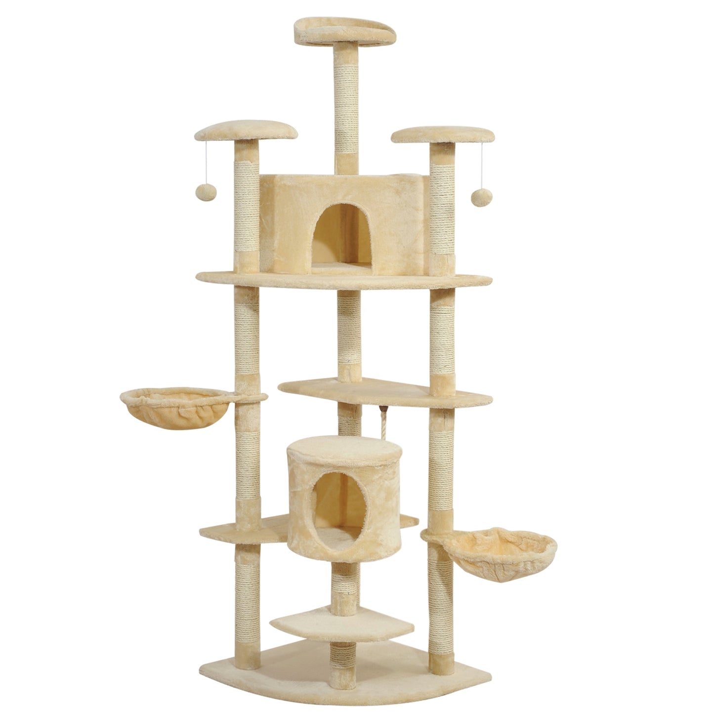 79" Cat Tree Tower, Large Cat Condo Furniture, Multi-Level Cat Tower with Scratching Posts, Cozy Hammock, Dangling Balls - Beige
