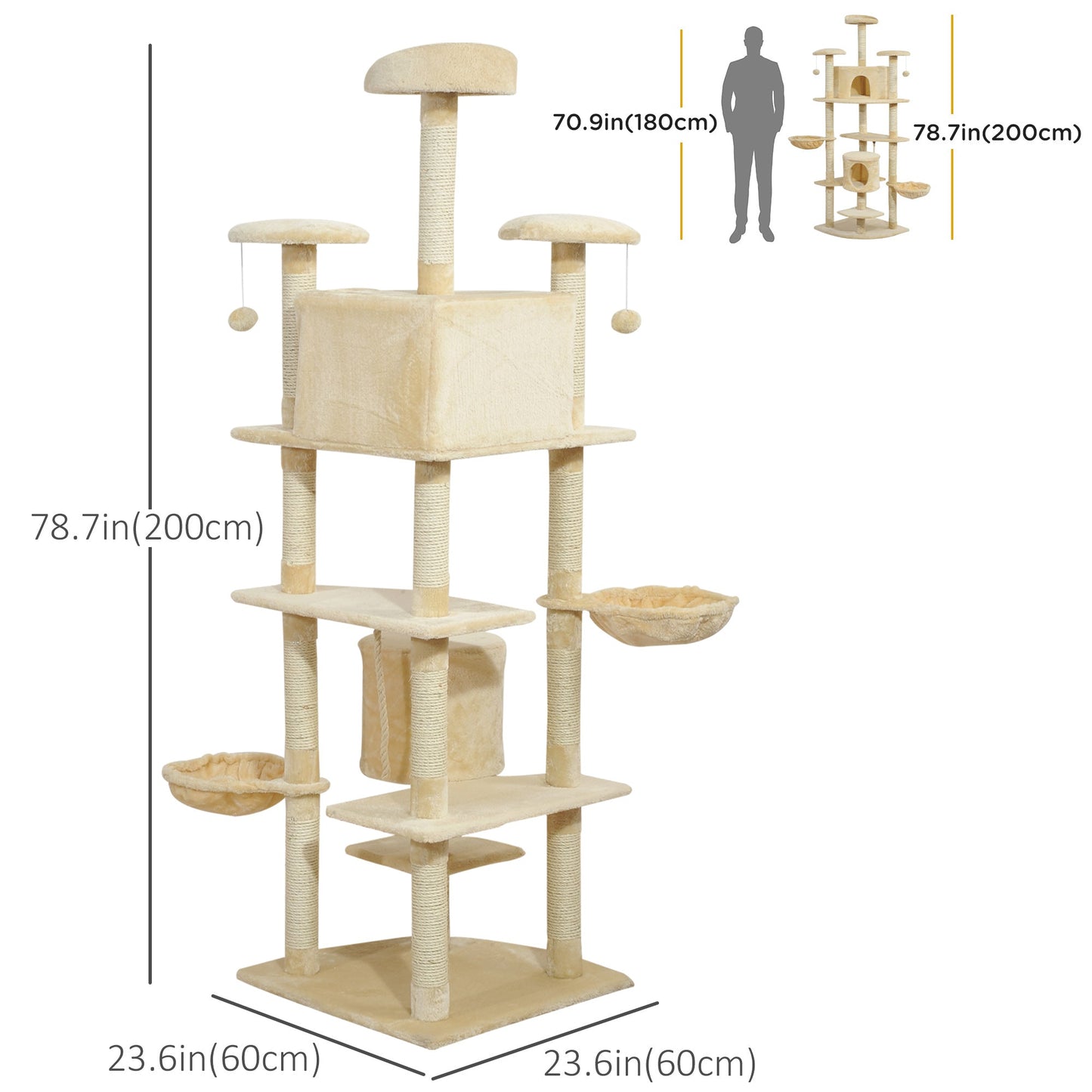 79" Cat Tree Tower, Large Cat Condo Furniture, Multi-Level Cat Tower with Scratching Posts, Cozy Hammock, Dangling Balls - Beige