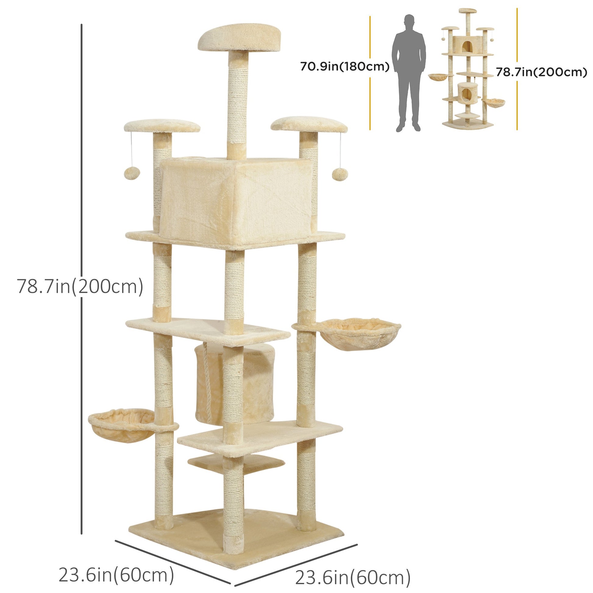 79" Cat Tree Tower, Large Cat Condo Furniture, Multi-Level Cat Tower with Scratching Posts, Cozy Hammock, Dangling Balls - Beige