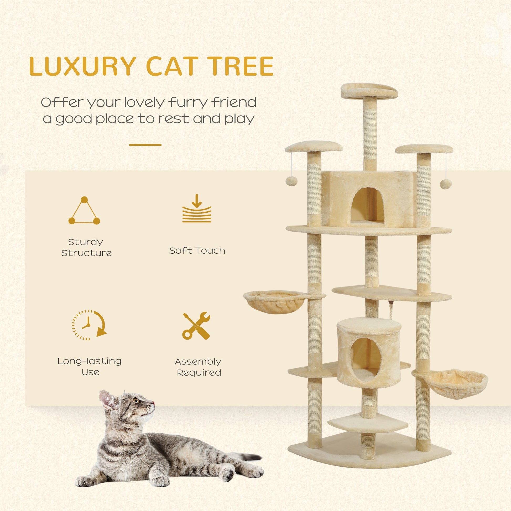 79" Cat Tree Tower, Large Cat Condo Furniture, Multi-Level Cat Tower with Scratching Posts, Cozy Hammock, Dangling Balls - Beige