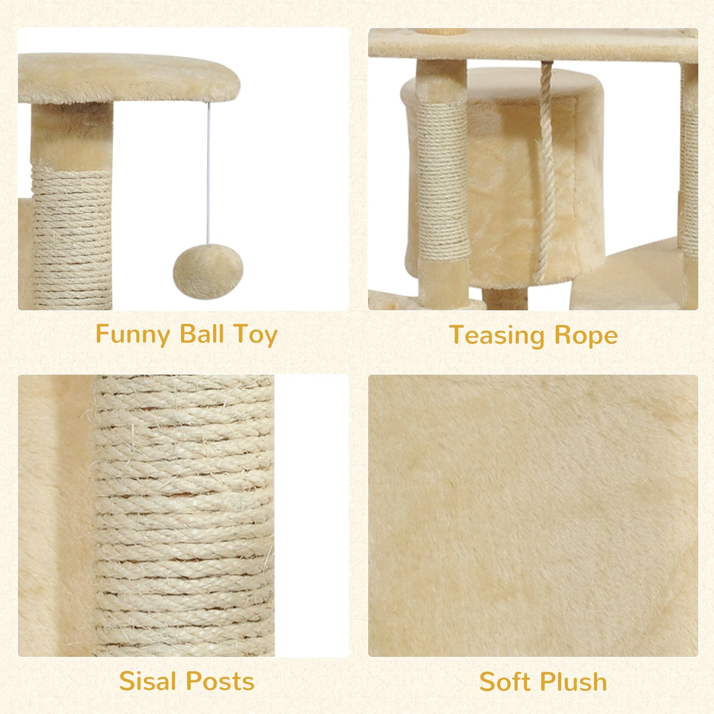 79" Cat Tree Tower, Large Cat Condo Furniture, Multi-Level Cat Tower with Scratching Posts, Cozy Hammock, Dangling Balls - Beige