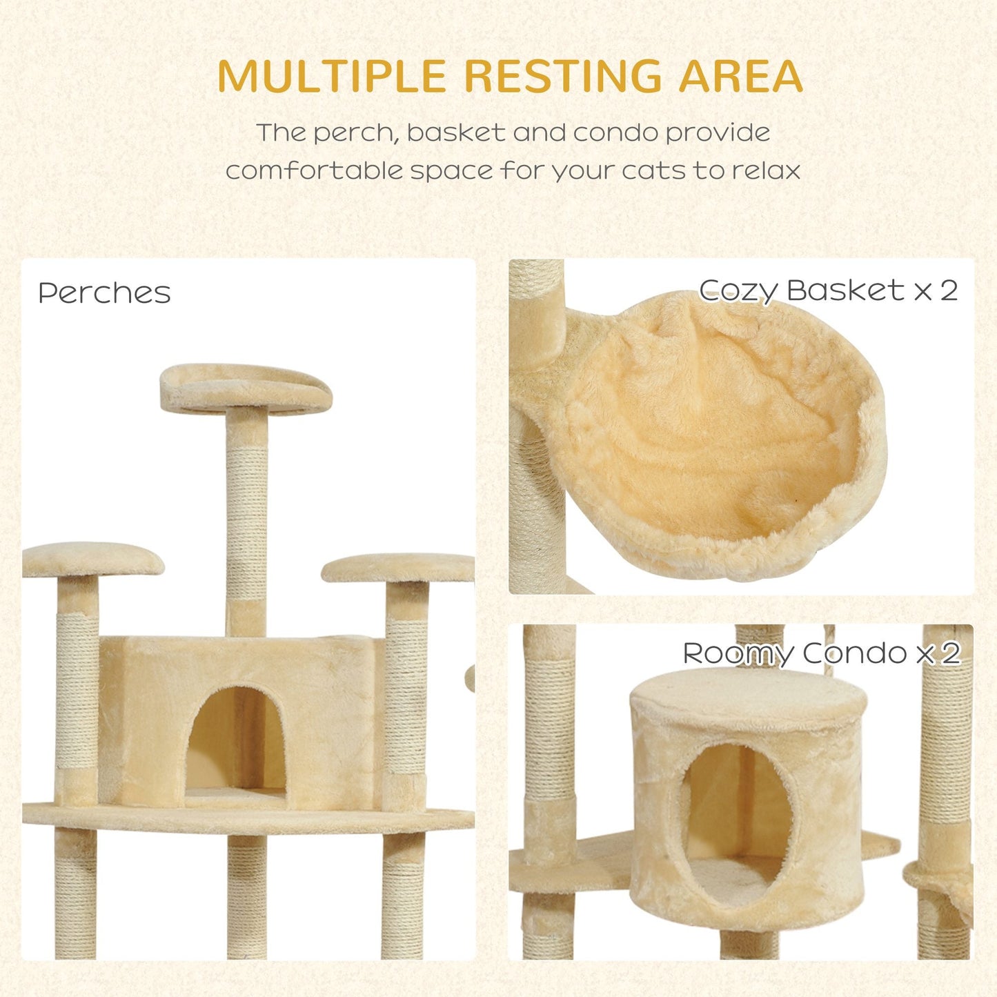 79" Cat Tree Tower, Large Cat Condo Furniture, Multi-Level Cat Tower with Scratching Posts, Cozy Hammock, Dangling Balls - Beige