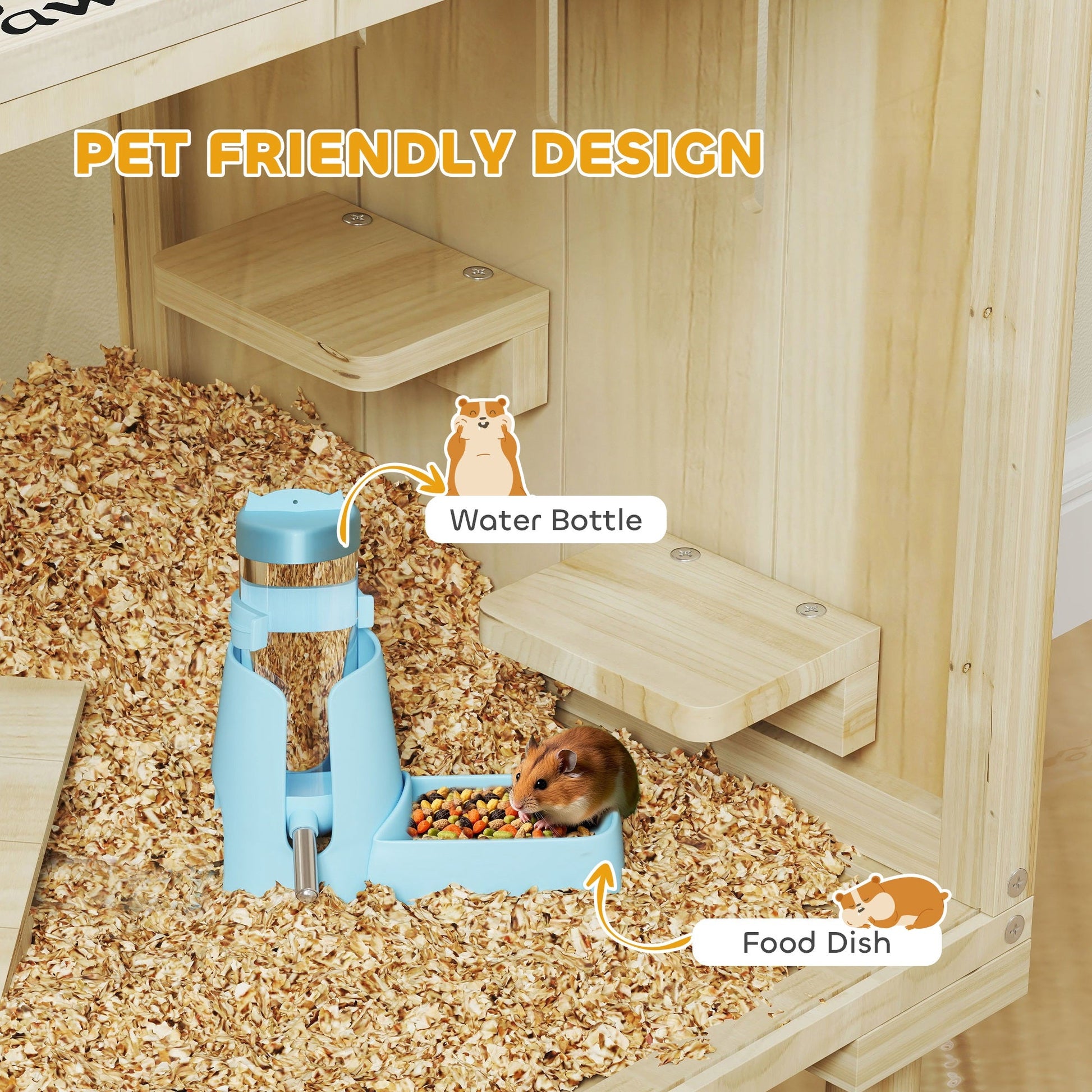 Large Hamster Cage, 28"Length Wooden Hamster Cage for Syrian, Dwarf, Gerbil, Hamster Habitat with Seesaw, Water Bottle, Food Dish, Hut, Transparent Panel for Easy Observe