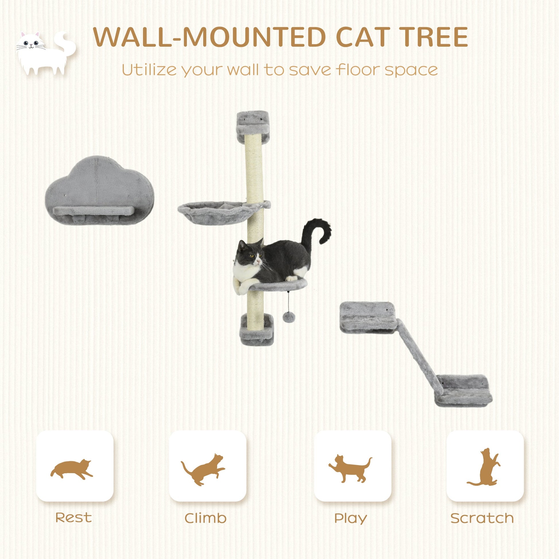 3Pcs Cat Wall Shelf with Scratching Post, Cat Wall Shelves for Relaxing, Climbing, Cat Wall With Soft Ladder, Scratching Board, Hammock, Grey
