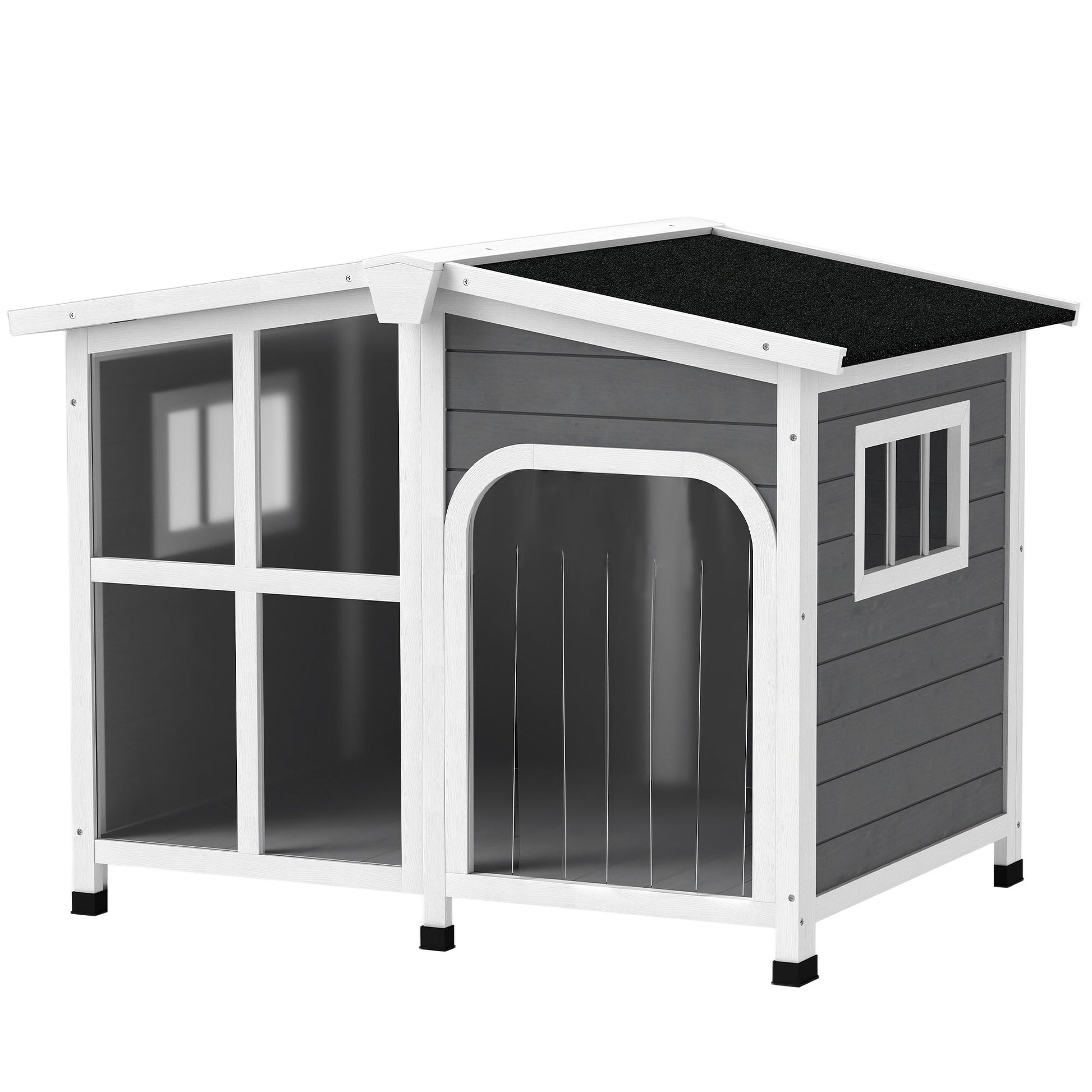 Wooden Dog House Outdoor with Removable Bottom, Cabin Style Raised Pet Kennel, with Openable Asphalt Roof, Door Curtain, Side Windows for Large Sized Dog, Dark Grey