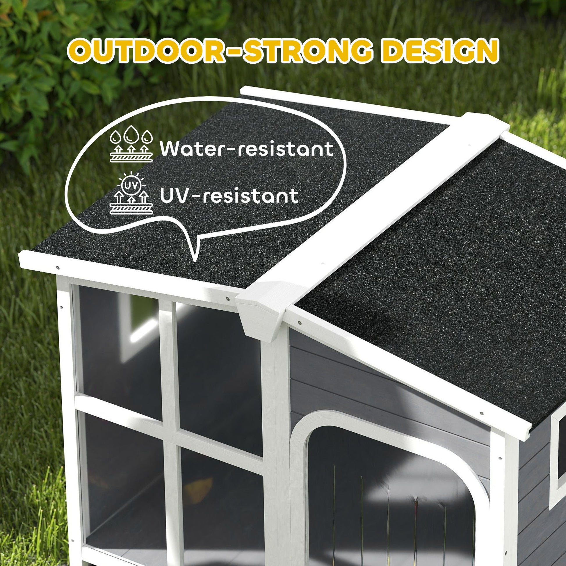 Wooden Dog House Outdoor with Removable Bottom, Cabin Style Raised Pet Kennel, with Openable Asphalt Roof, Door Curtain, Side Windows for Large Sized Dog, Dark Grey