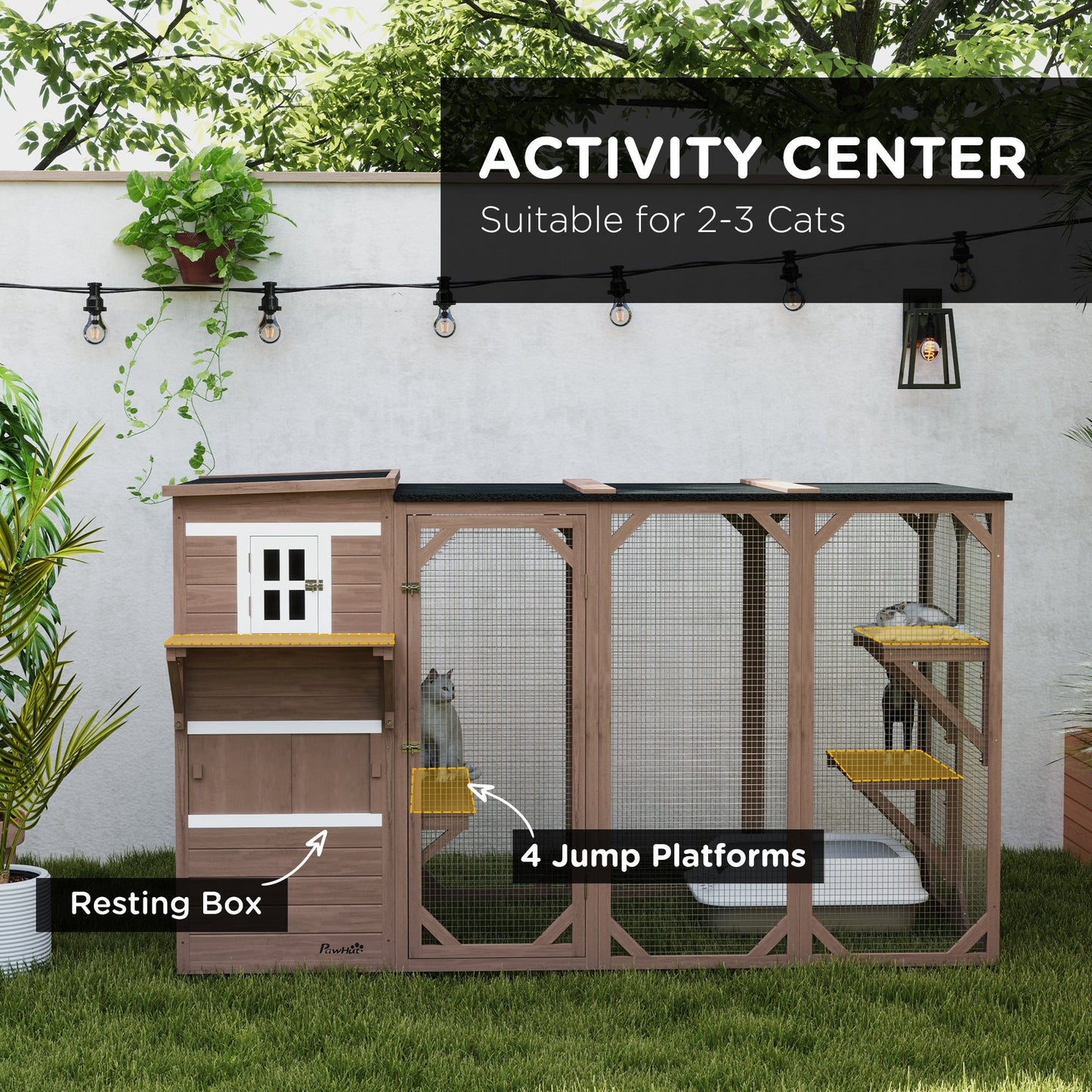 Wooden Cat Catio, 76"L Walk in Outdoor Cat House with Asphalt Roof, Platforms, Lockable Doors, 3-tier Resting Condo, Observation Window, for 2-3 Cats, Brown