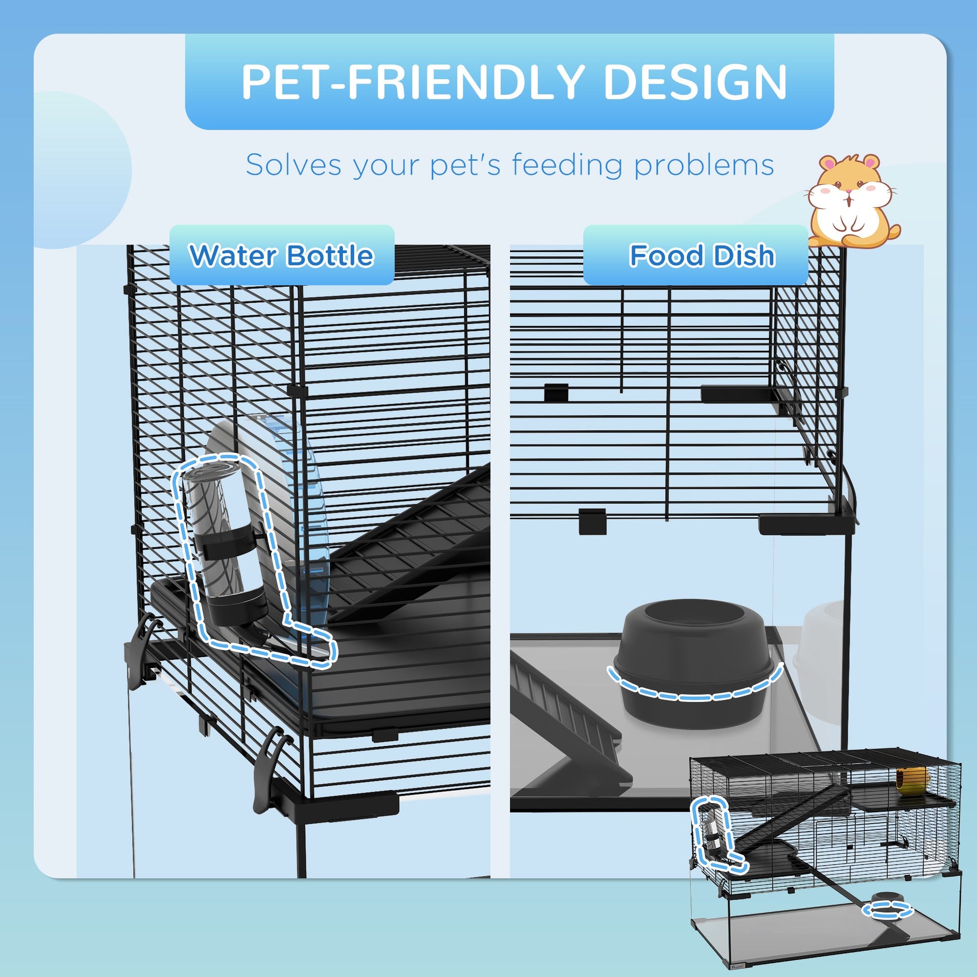 Hamster Cage, Gerbil Cage with Glass Basin, Ramps, Platforms, Hut, Exercise Wheel, Water Bottle, Dish, for Syrian and Dwarf Hamsters, 31" x 19" x 21.5"