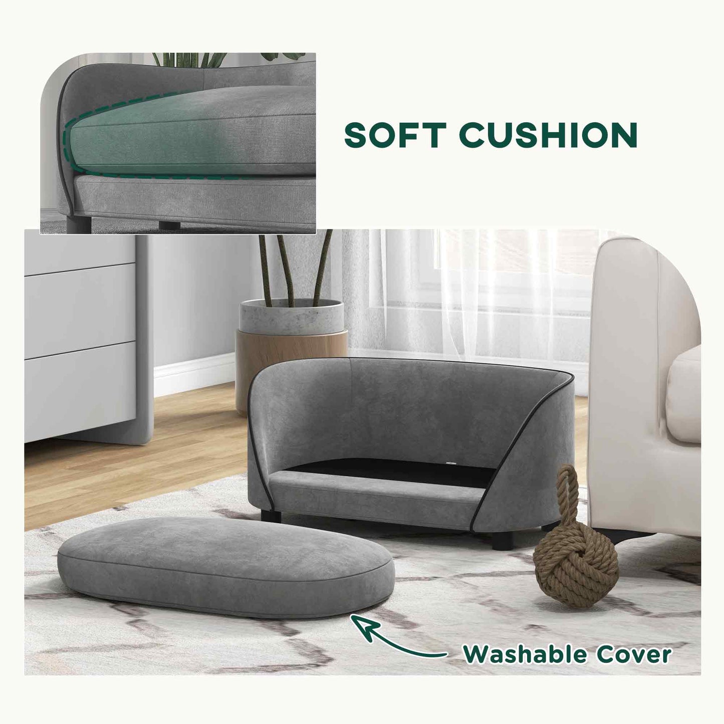 Dog Sofa Pet Couch Dog Bed with Soft Cushion, Removable Washable Cover, Velvet Touch, for Small to Medium Sized Dogs, Grey