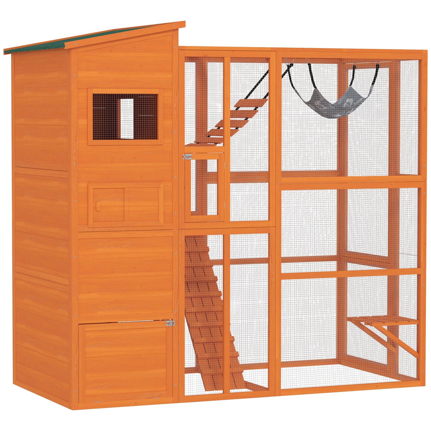Catio Outdoor Cat Enclosure, 76" L Large Weatherproof Cat House with Cat Condo, Jumping Platforms, Ladder, Ramps, Hammock for 2-3 Indoor Cats, Orange