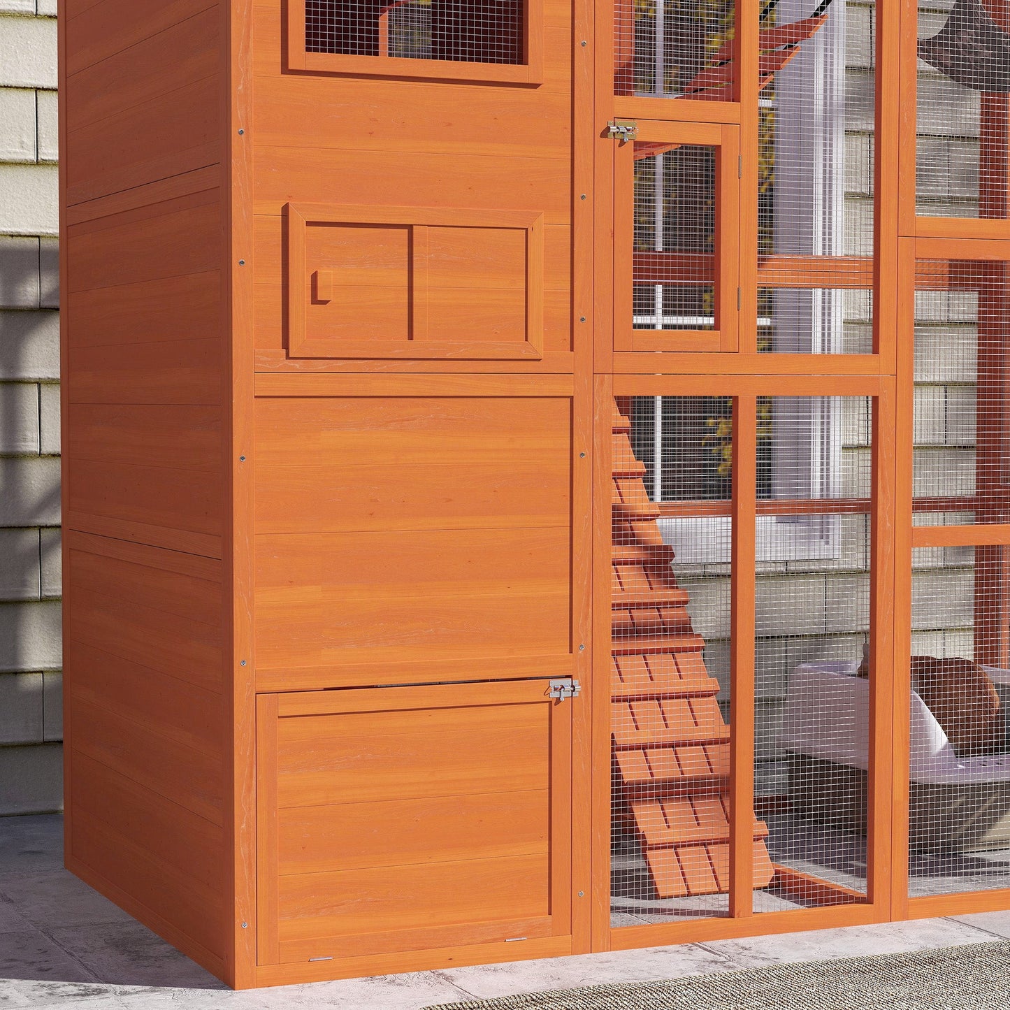 Catio Outdoor Cat Enclosure, 76" L Large Weatherproof Cat House with Cat Condo, Jumping Platforms, Ladder, Ramps, Hammock for 2-3 Indoor Cats, Orange