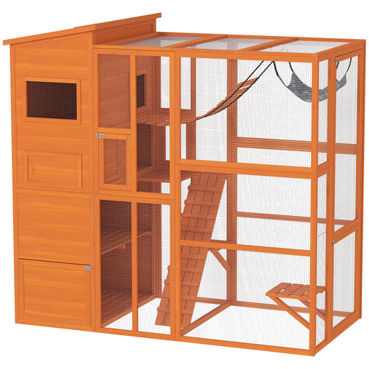 Catio Outdoor Cat Enclosure, 76" L Large Weatherproof Cat House with Cat Condo, Jumping Platforms, Ladder, Ramps, Hammock for 2-3 Indoor Cats, Orange