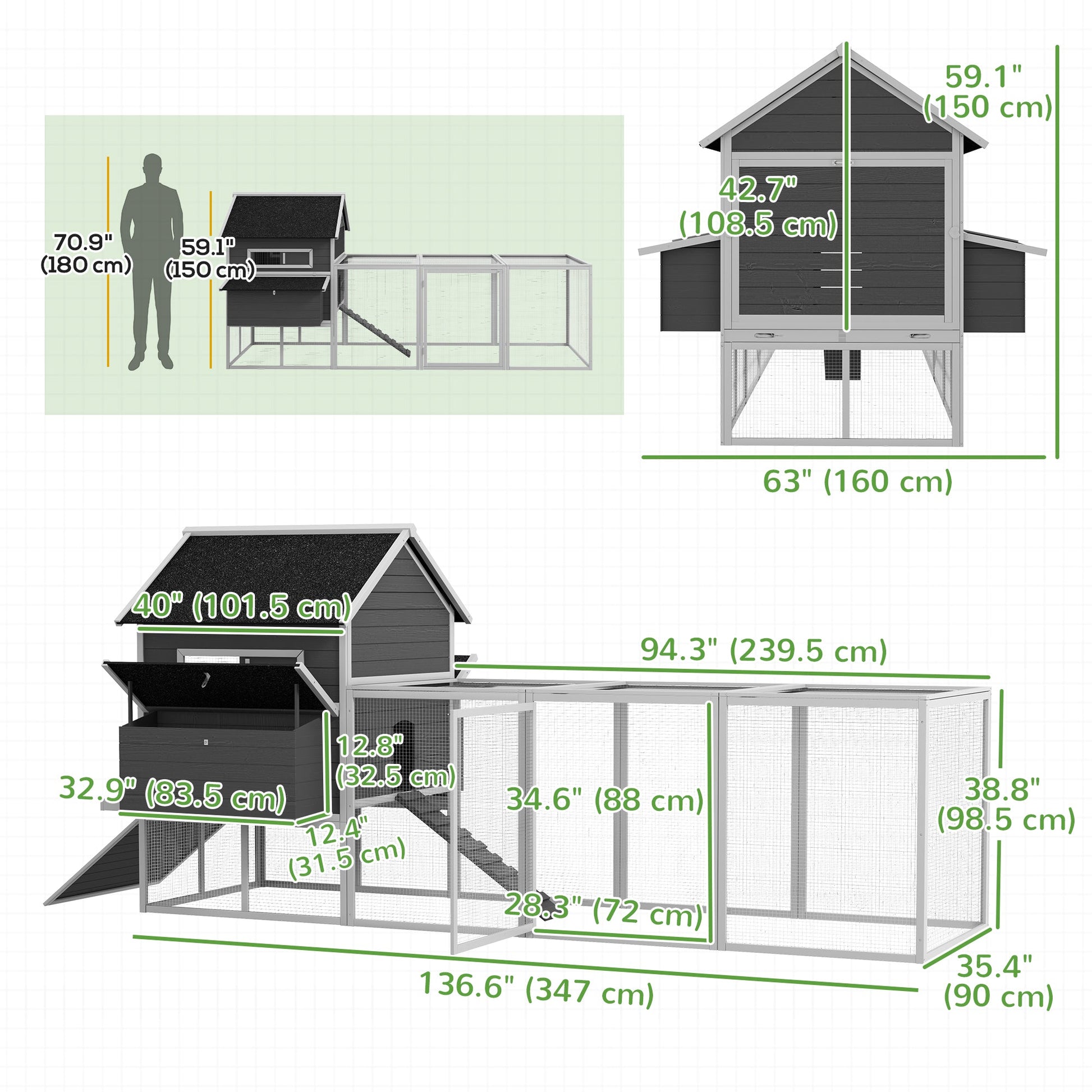 137" Chicken Coop, Wooden Large Hen House with Chicken Run, Nesting Box, Poultry Cage for Outdoor, Backyard, Grey