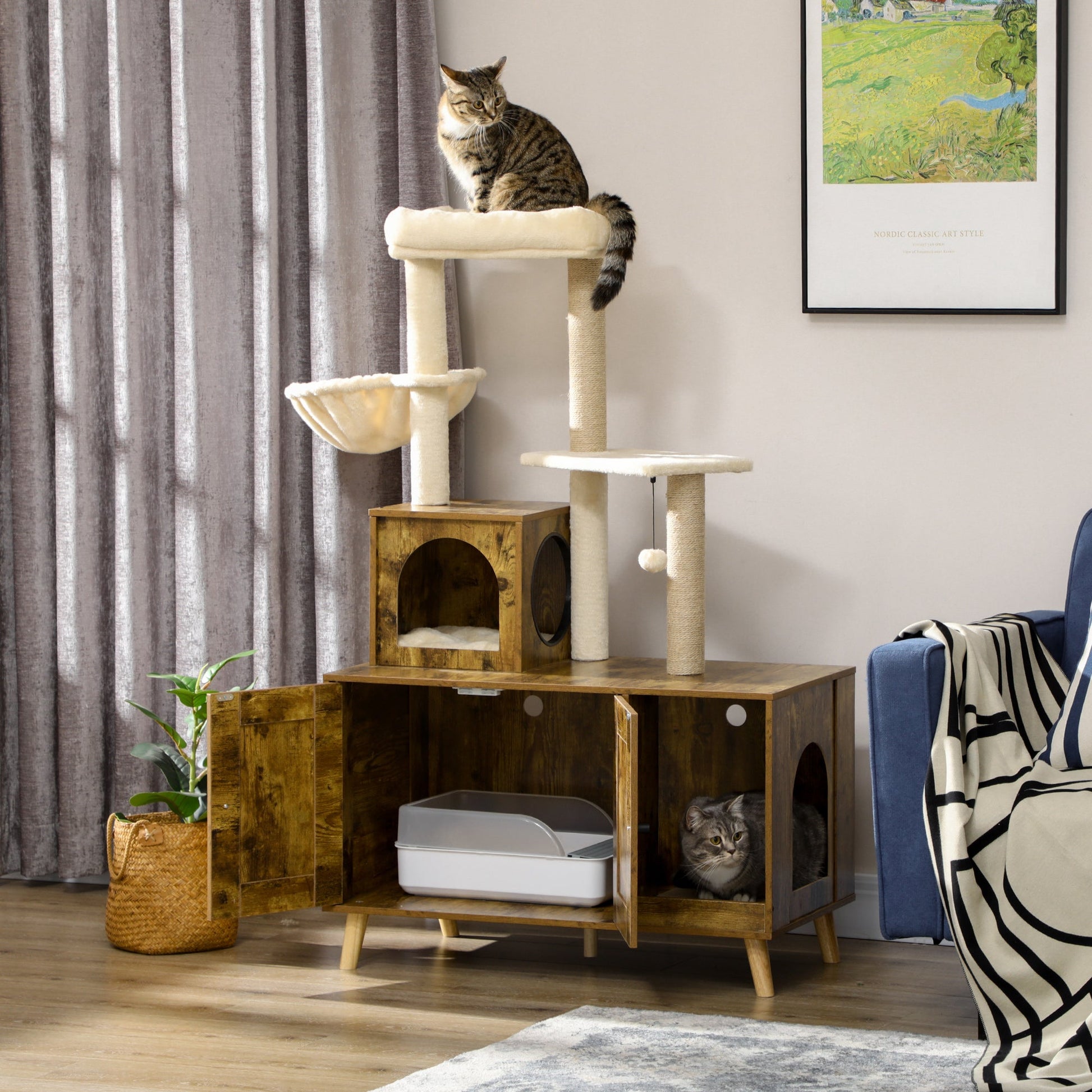 Litter Box Enclosure with Cat Tree Tower, Hidden Cat Washroom Furniture with Condo, Scratching Posts, Large Platform, Hammock and Soft Cushion, Rustic Brown