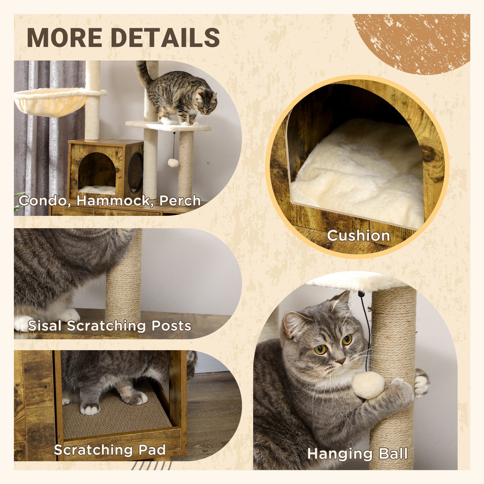 Litter Box Enclosure with Cat Tree Tower, Hidden Cat Washroom Furniture with Condo, Scratching Posts, Large Platform, Hammock and Soft Cushion, Rustic Brown